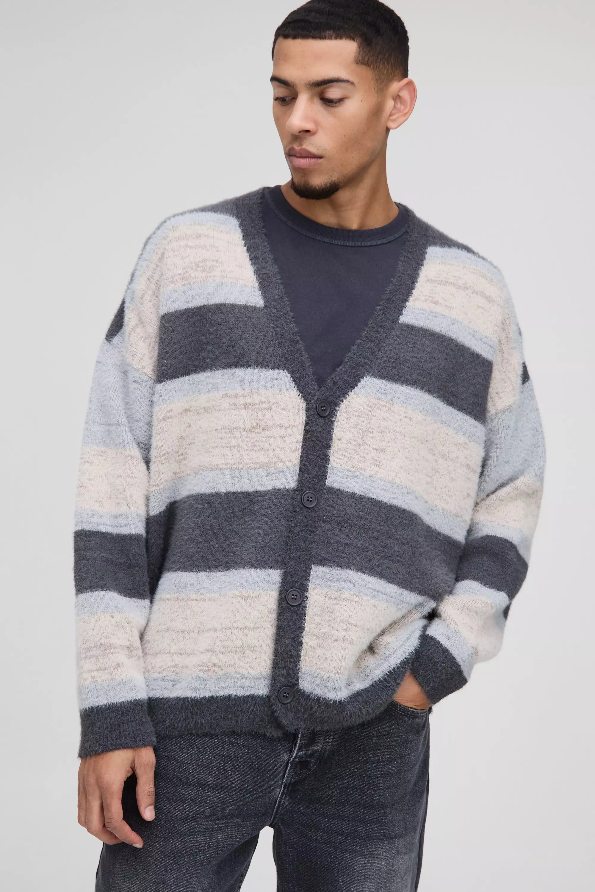 Oversized Dropped Shoulder Brushed Stripe Knitted Cardigan Stone