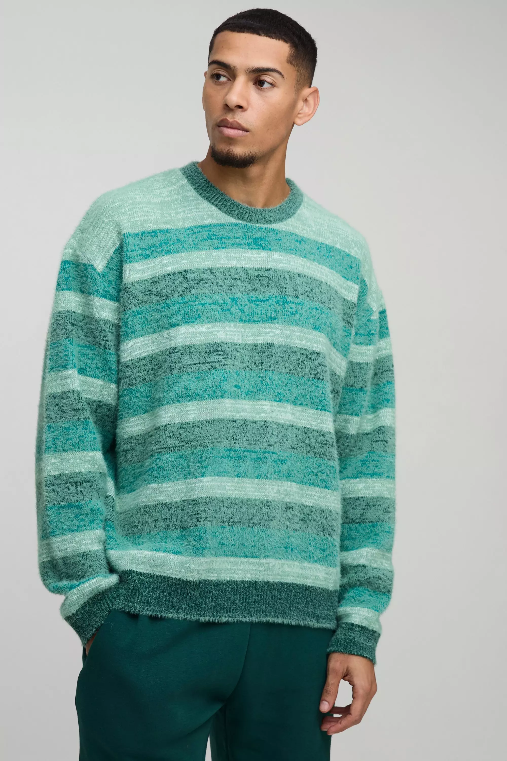 Oversized Brushed Stripe Knitted Jumper Green