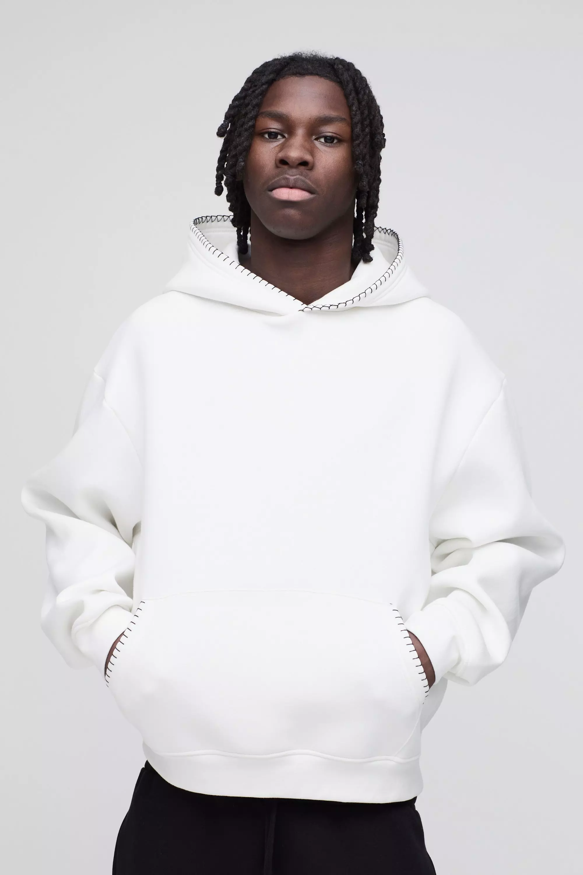 Oversized Boxy Blanket Stitch Hoodie White