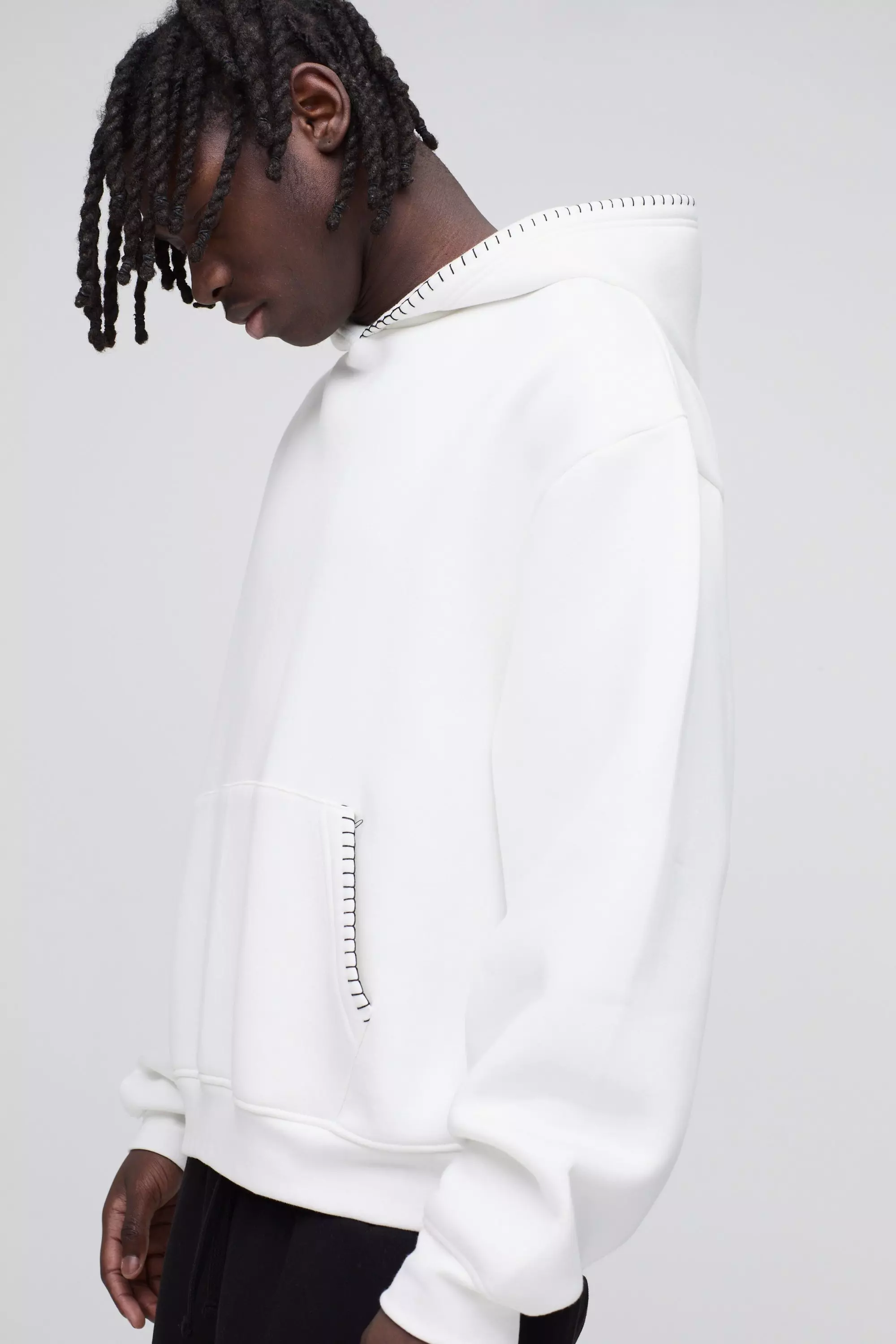 White Oversized Boxy Blanket Stitch Hoodie alternative image