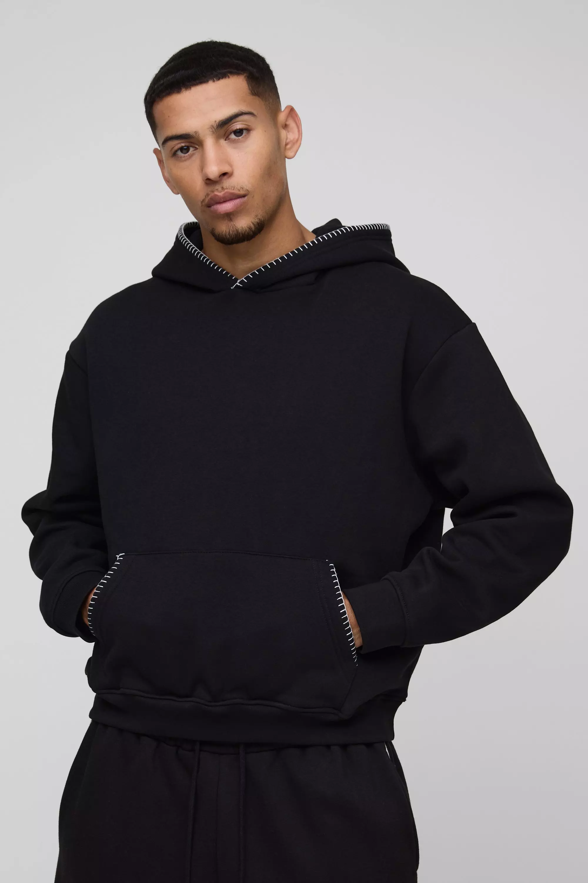 Oversized Boxy Blanket Stitch Hoodie Black