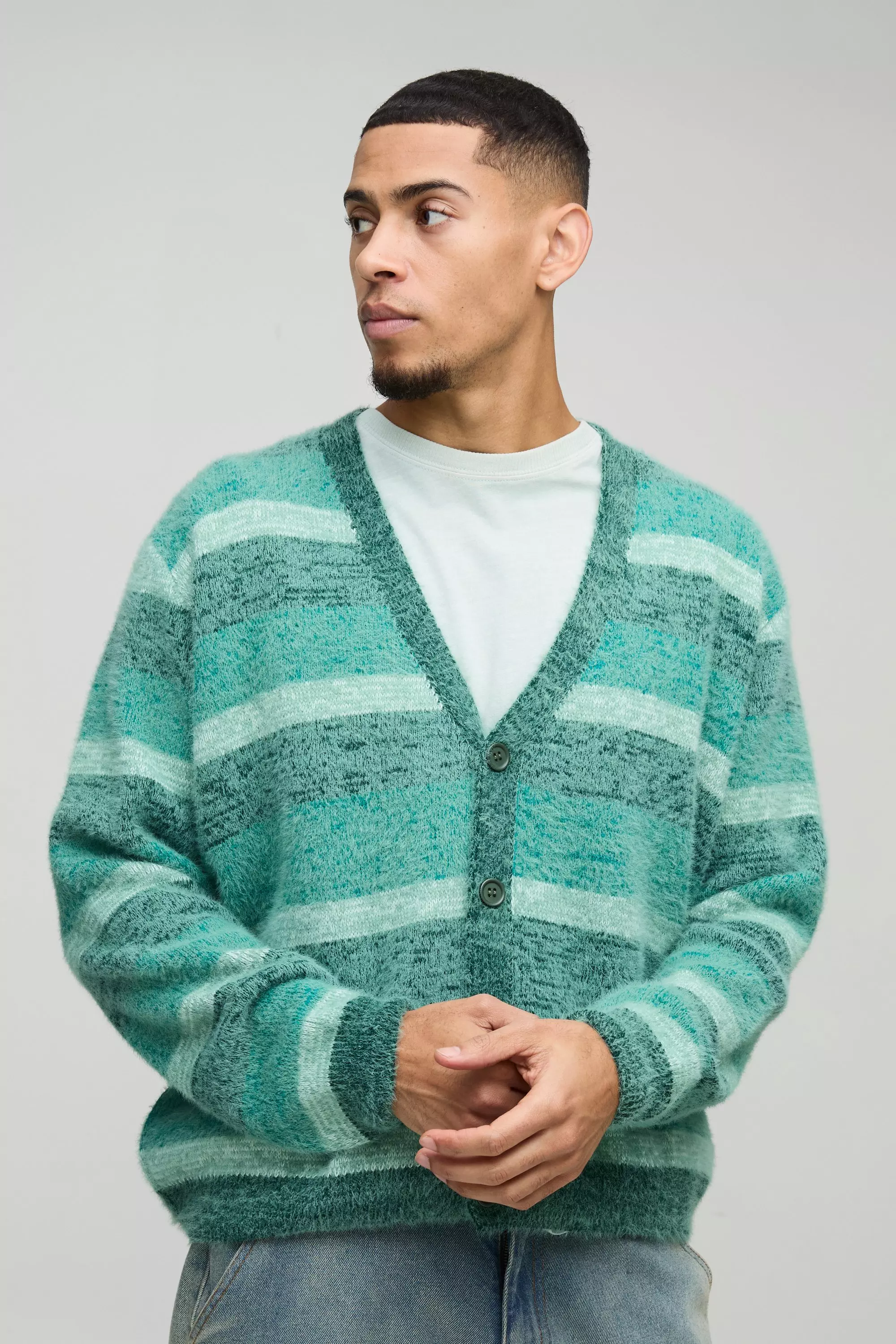 Green Geborstelde Gestreepte Gebreide Boxy Cardigan alternatieve afbeelding