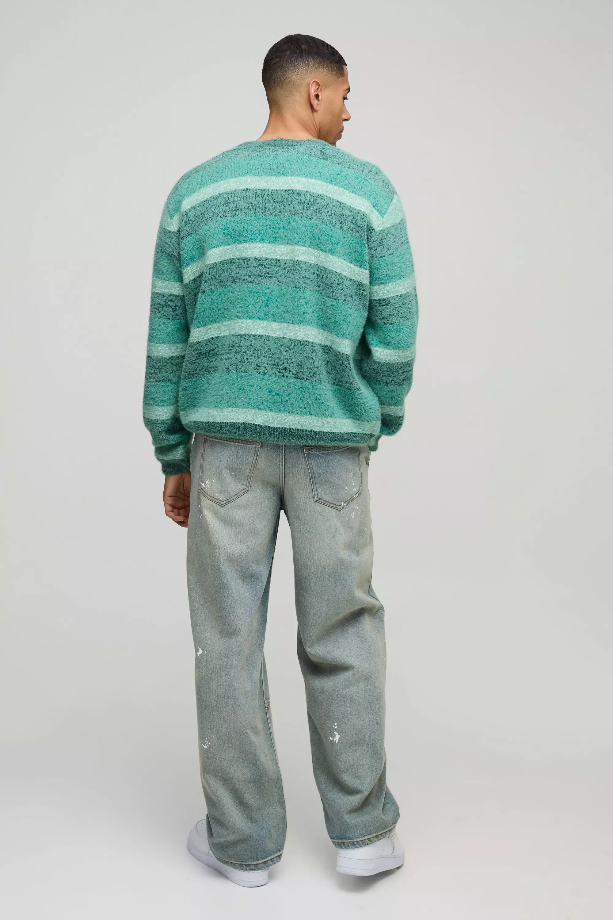 Green Geborstelde Gestreepte Gebreide Boxy Cardigan alternatieve afbeelding