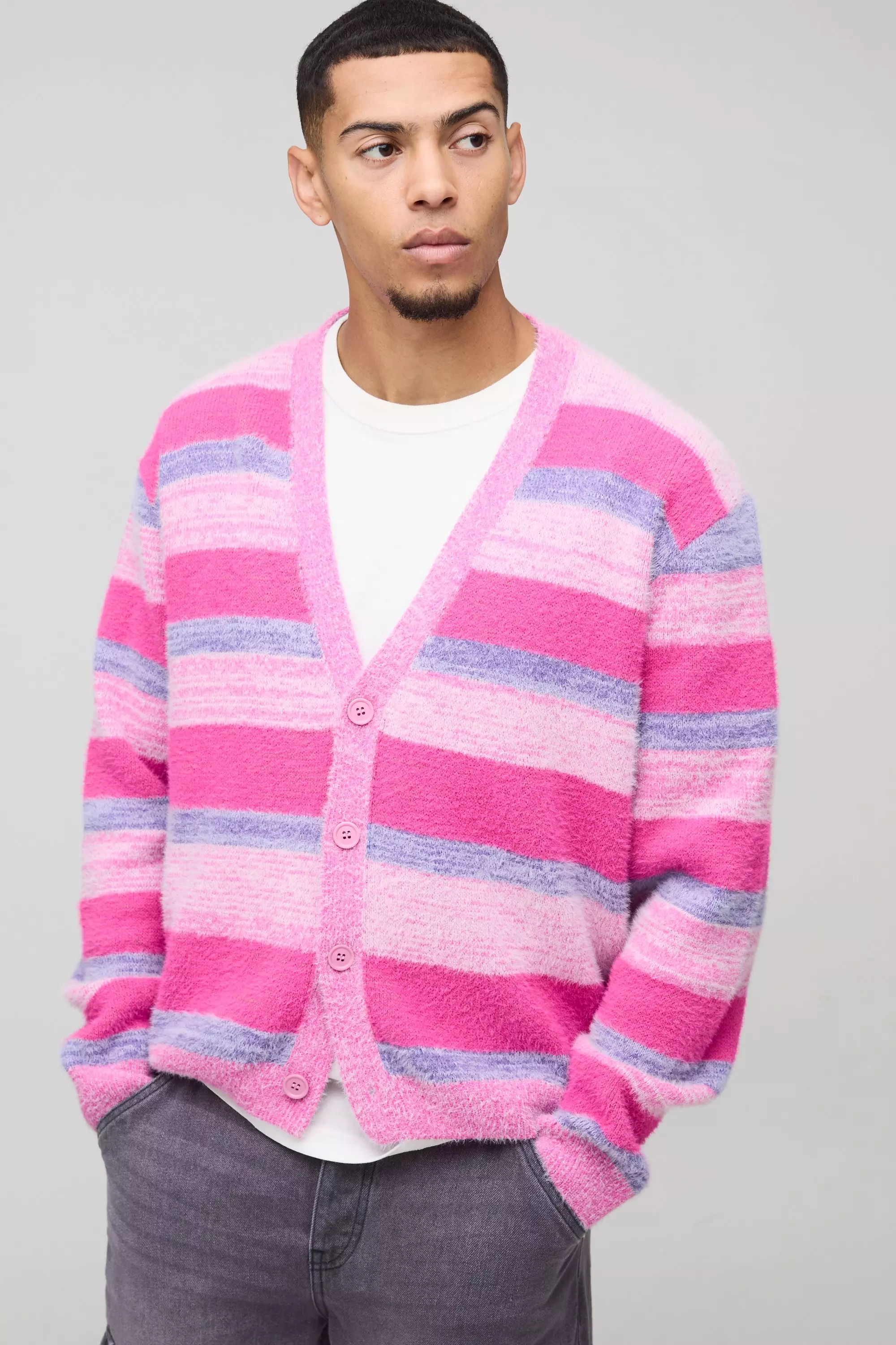 Pink Geborstelde Gestreepte Gebreide Boxy Cardigan alternatieve afbeelding