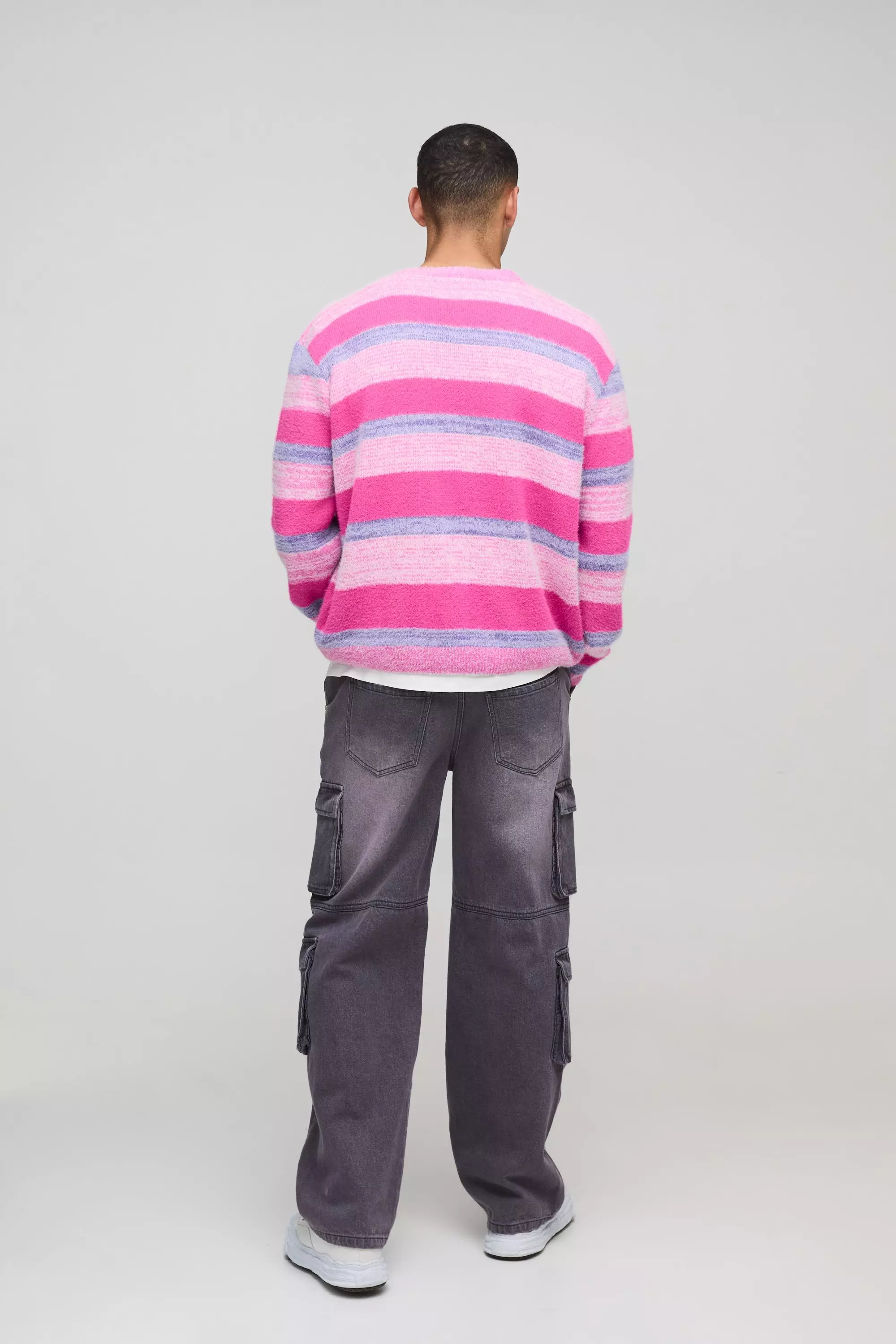 Pink Geborstelde Gestreepte Gebreide Boxy Cardigan alternatieve afbeelding