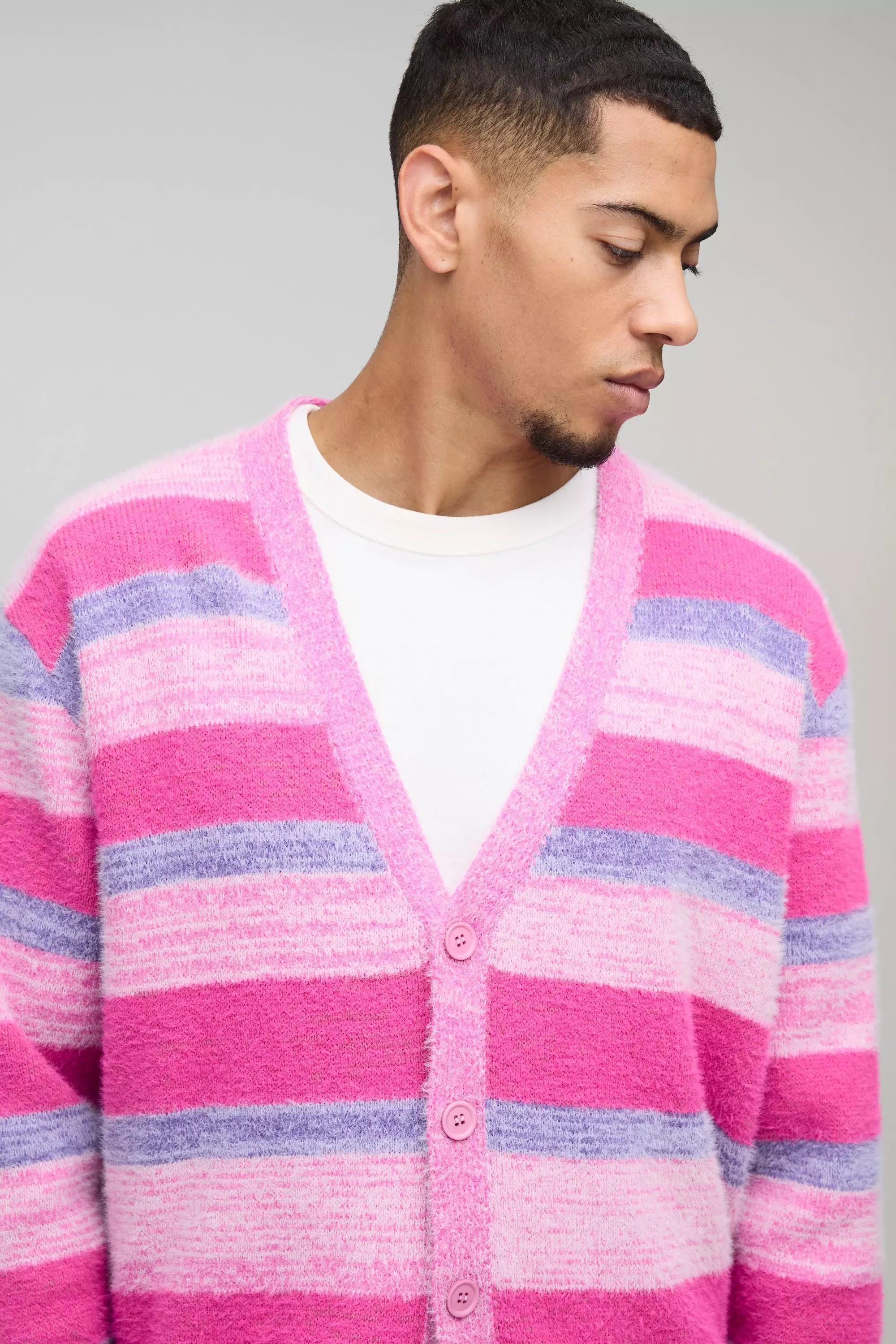 Pink Geborstelde Gestreepte Gebreide Boxy Cardigan alternatieve afbeelding