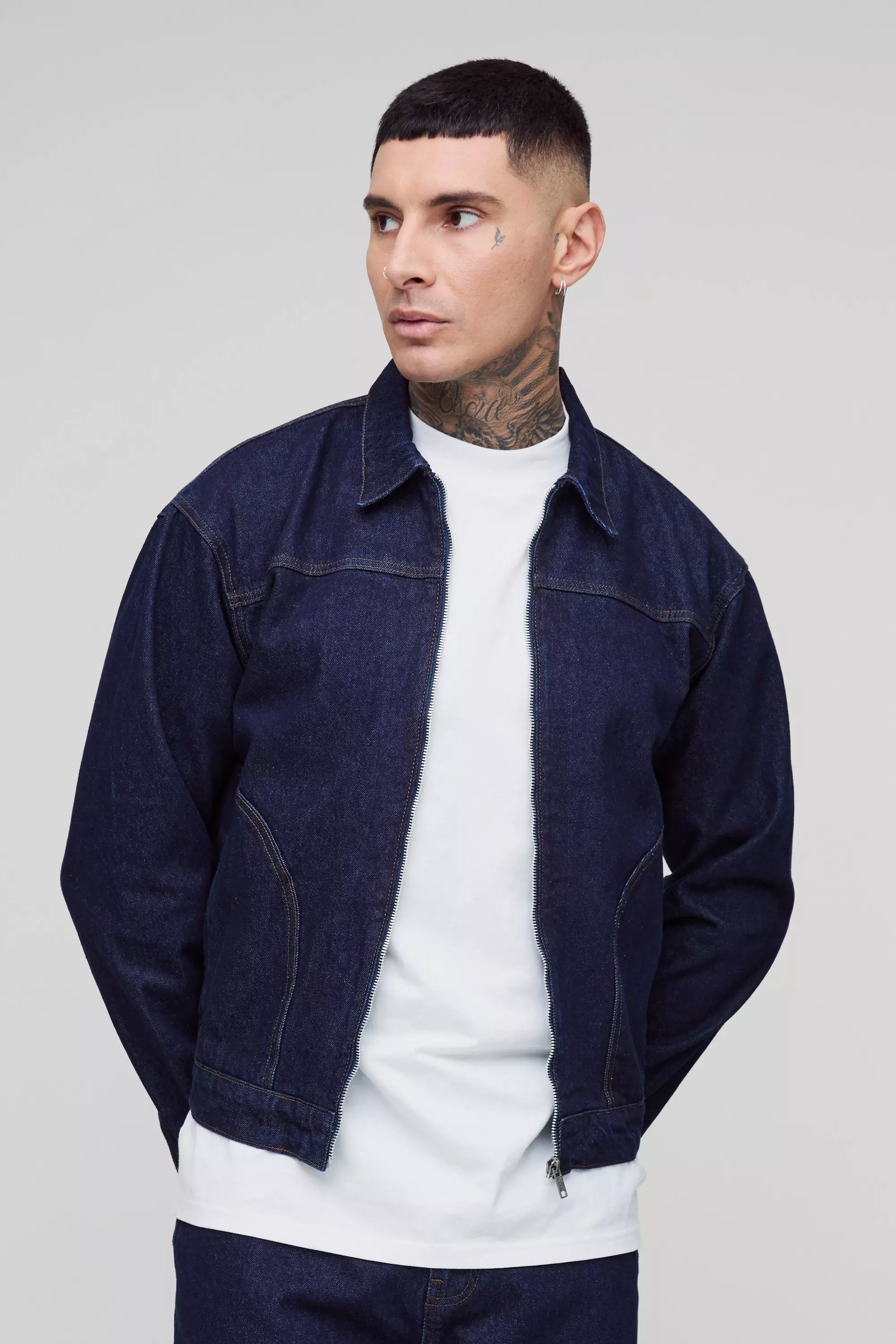Indigo Tall Boxy Contrast Stitch Denim Jacket alternative image