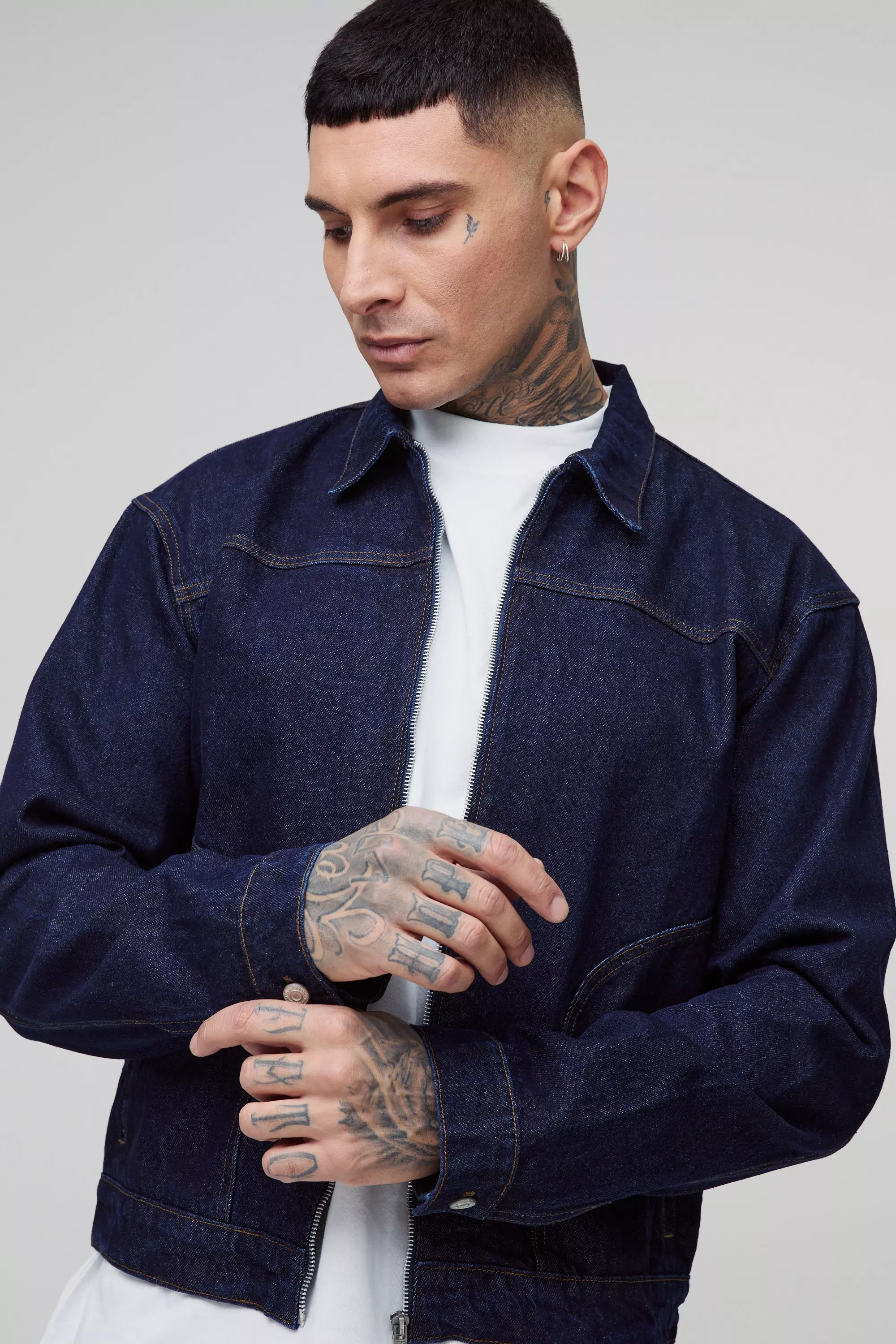 Indigo Tall Boxy Contrast Stitch Denim Jacket alternative image