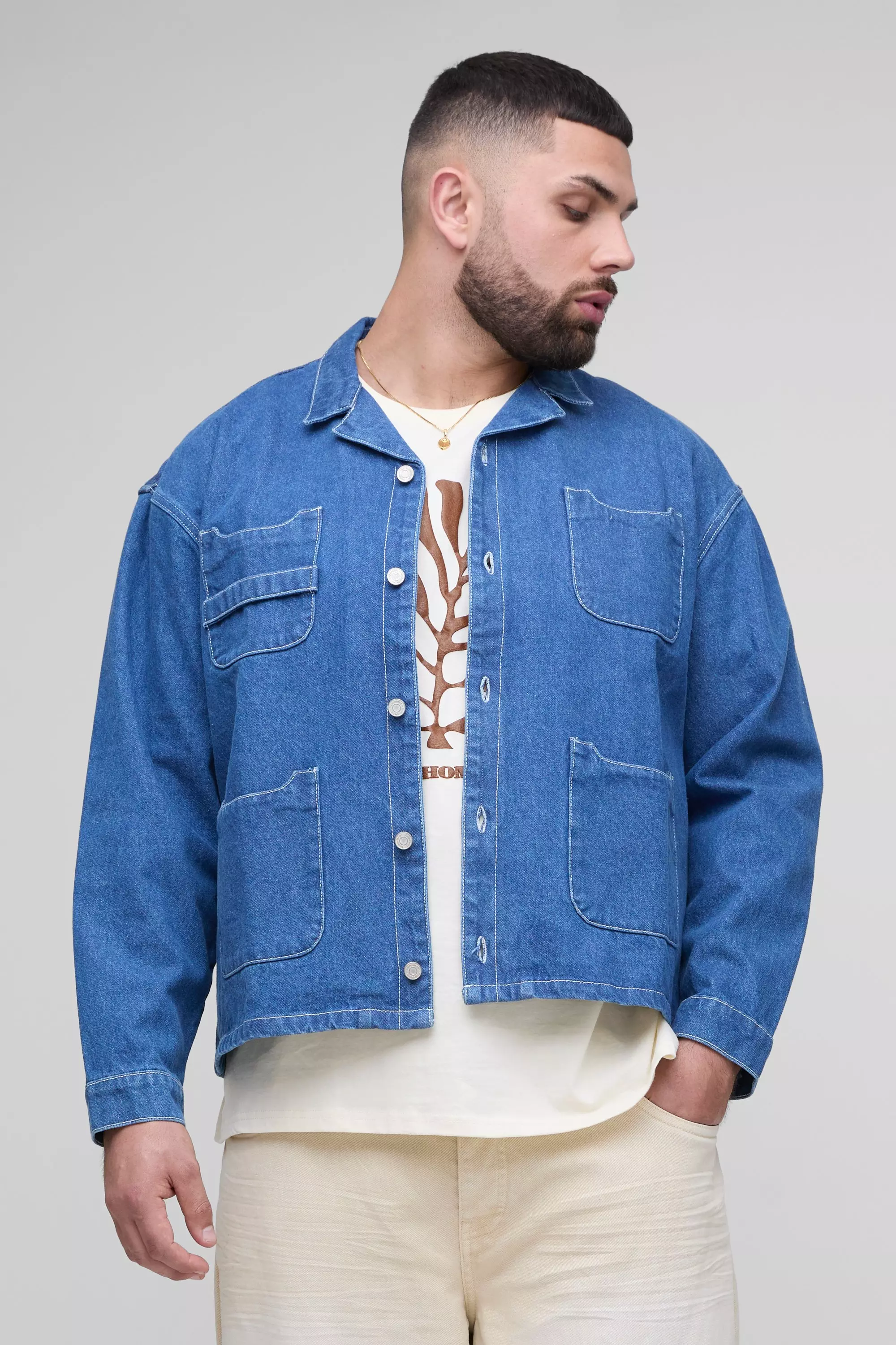 Mid blue Plus Oversized Boxy Carpenter Pocket Denim Shirt alternative image