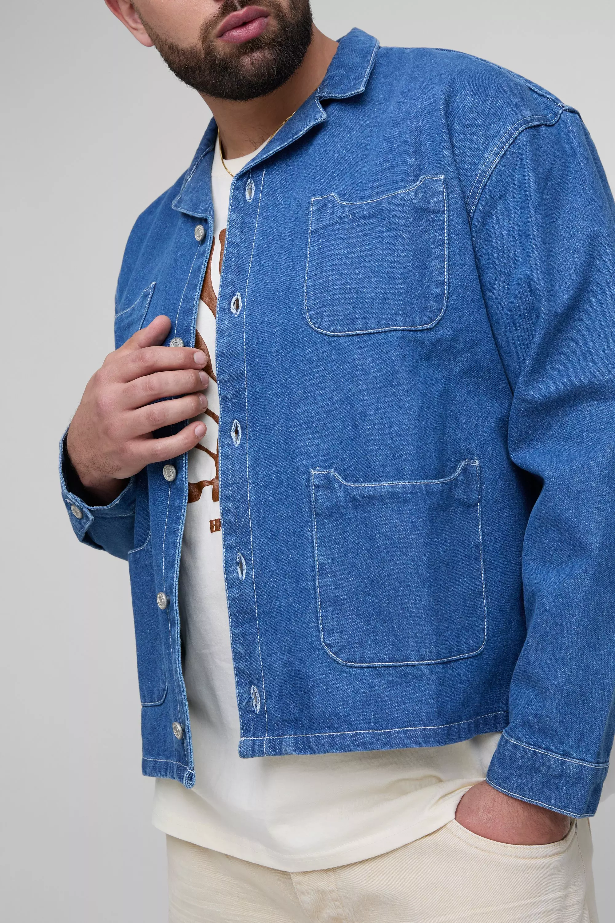 Mid blue Plus Oversized Boxy Carpenter Pocket Denim Shirt alternative image