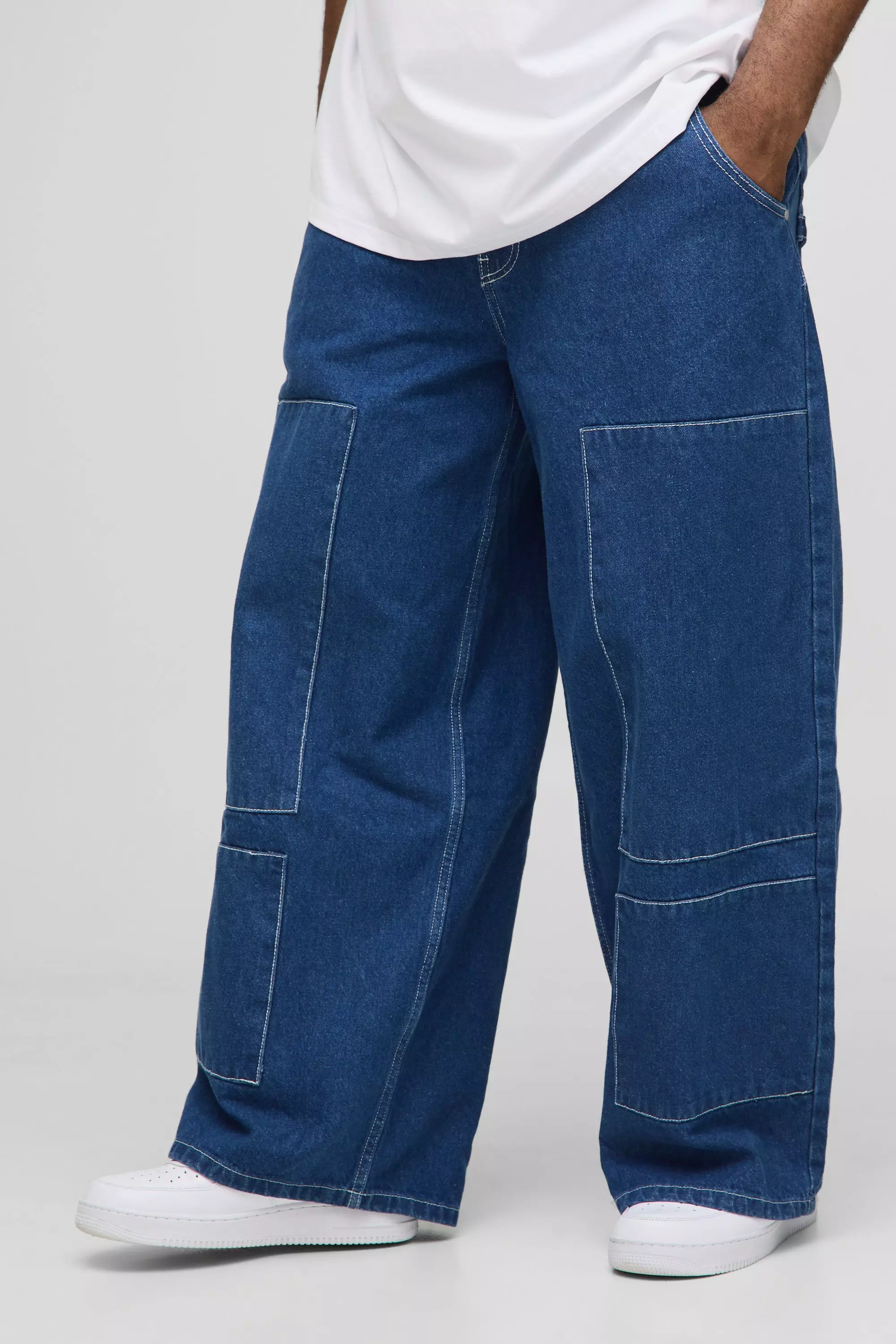 Plus Baggy Carpenter Pocket Denim Jeans Mid blue