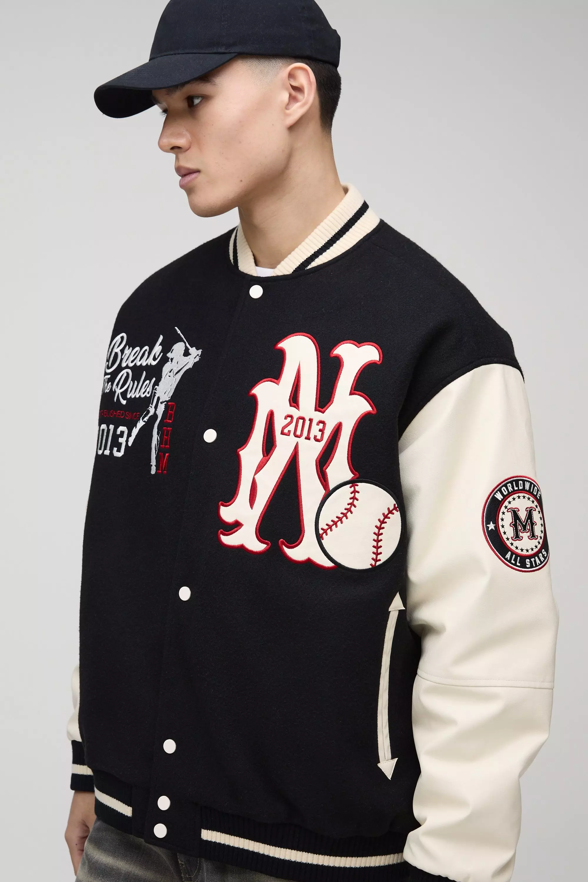Black Oversized Baseball Varsity Bomber Jacket alternative image