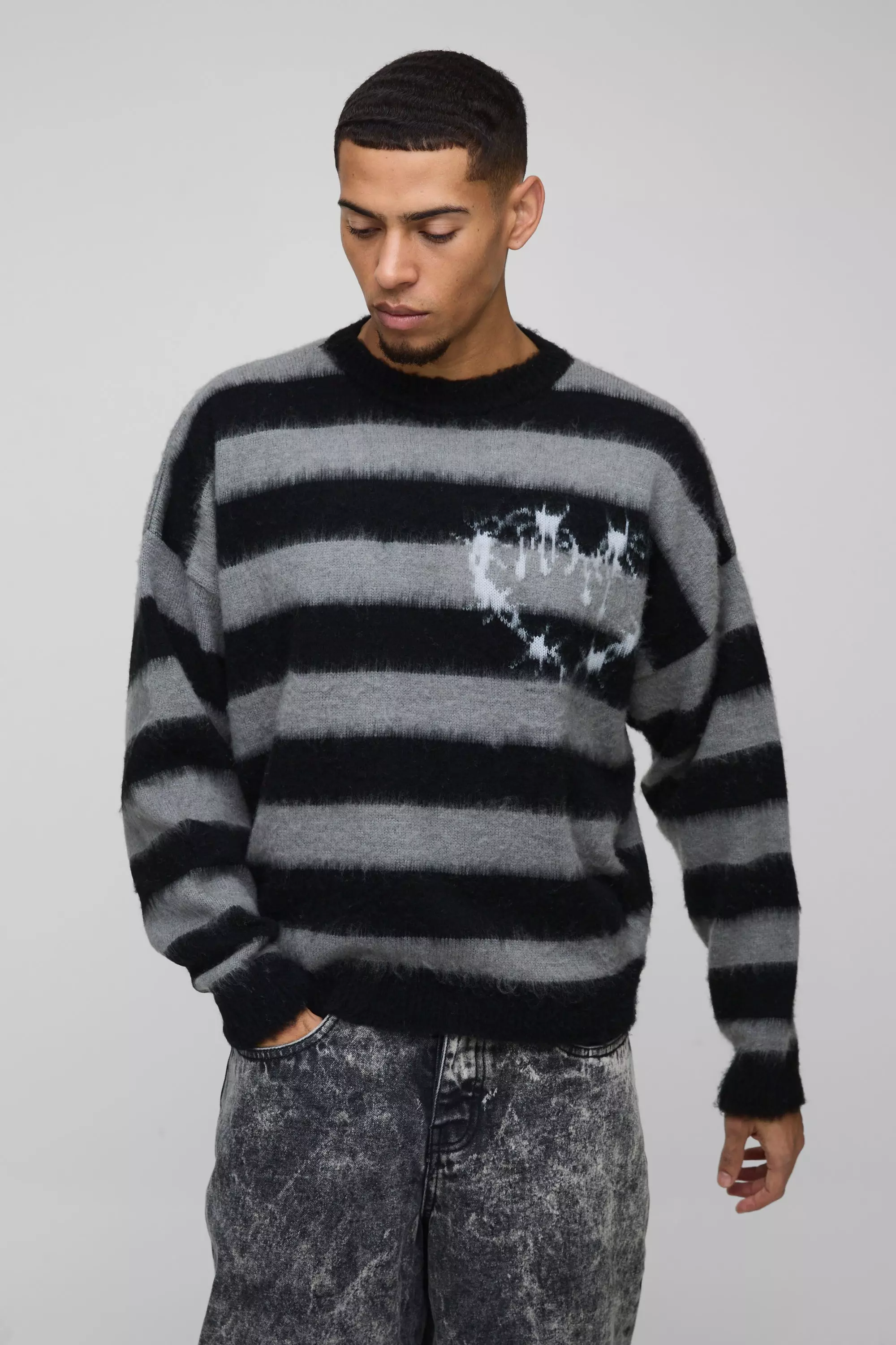 Black Boxy Brushed Stripe Print Knitted Jumper alternative image