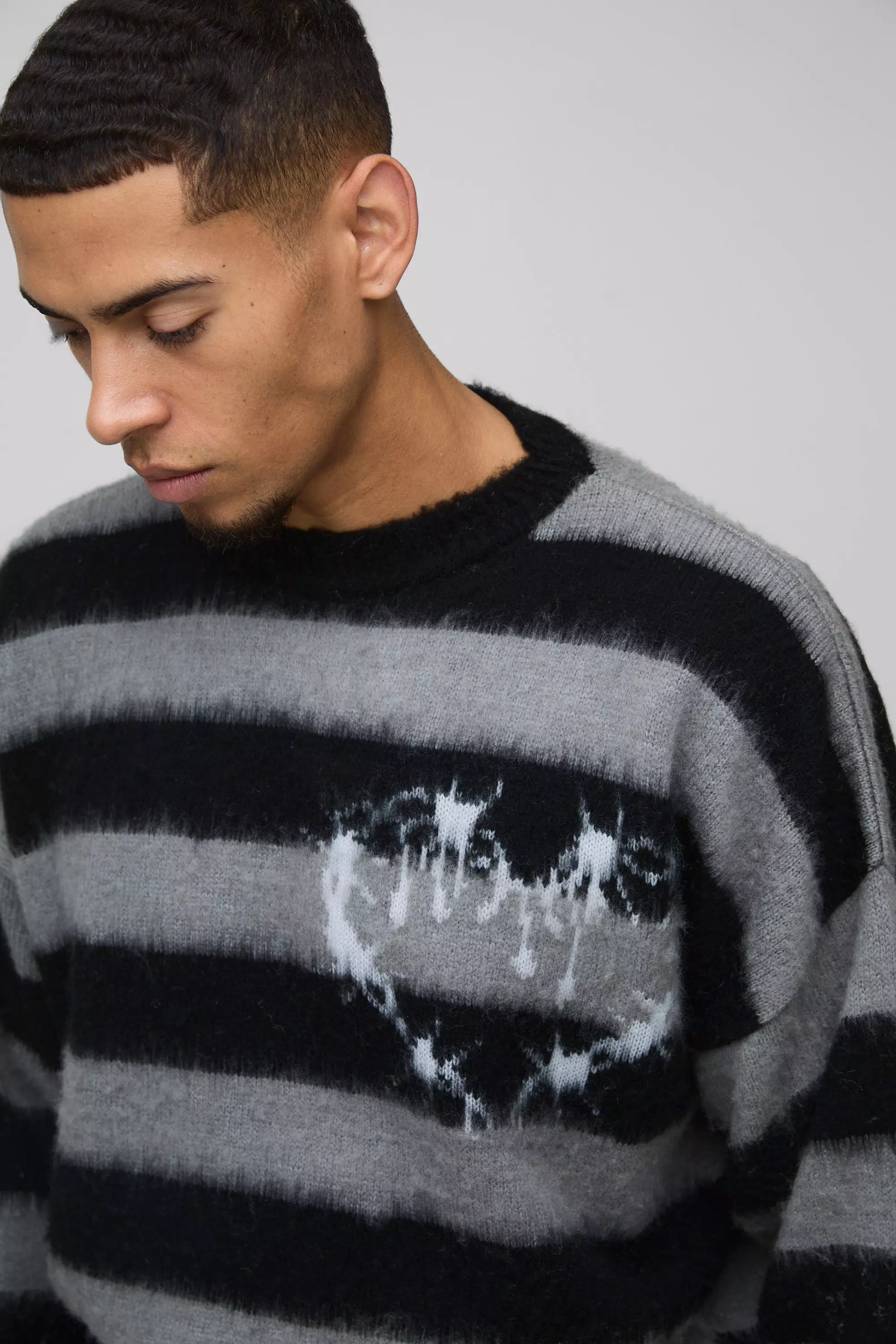 Black Boxy Brushed Stripe Print Knitted Jumper alternative image