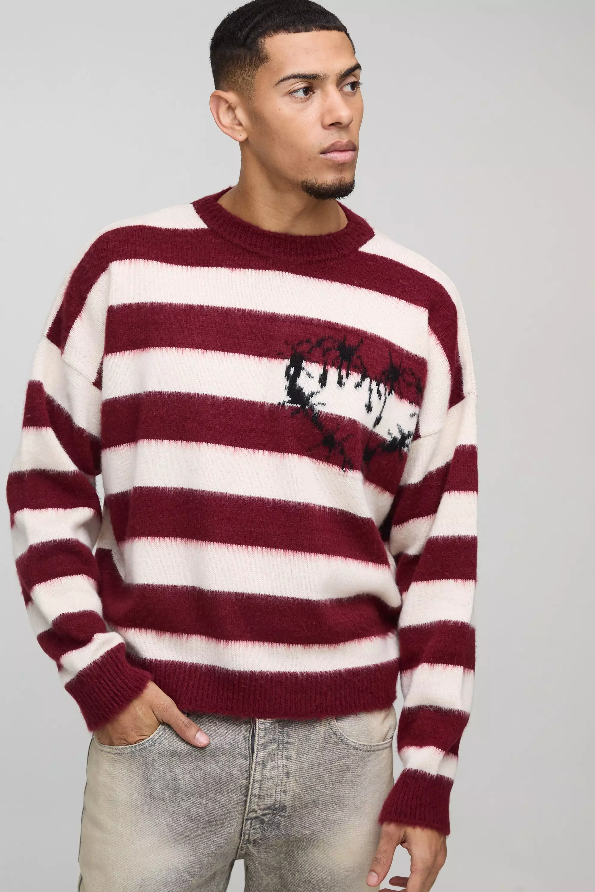 Burgundy Geborstelde Gestreepte Gebreide Boxy Trui alternatieve afbeelding