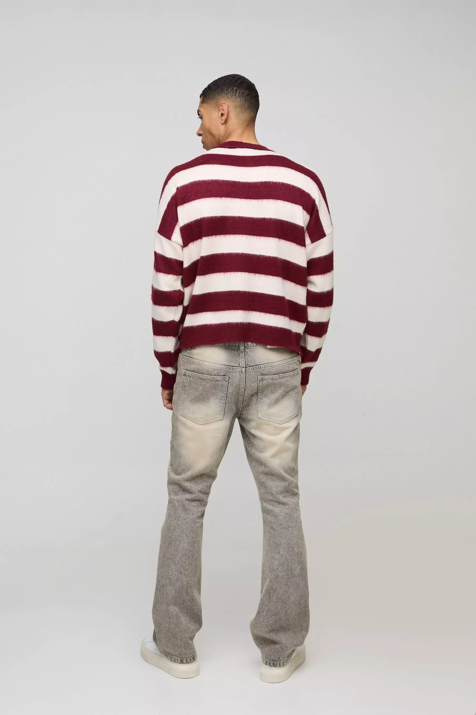Burgundy Geborstelde Gestreepte Gebreide Boxy Trui alternatieve afbeelding
