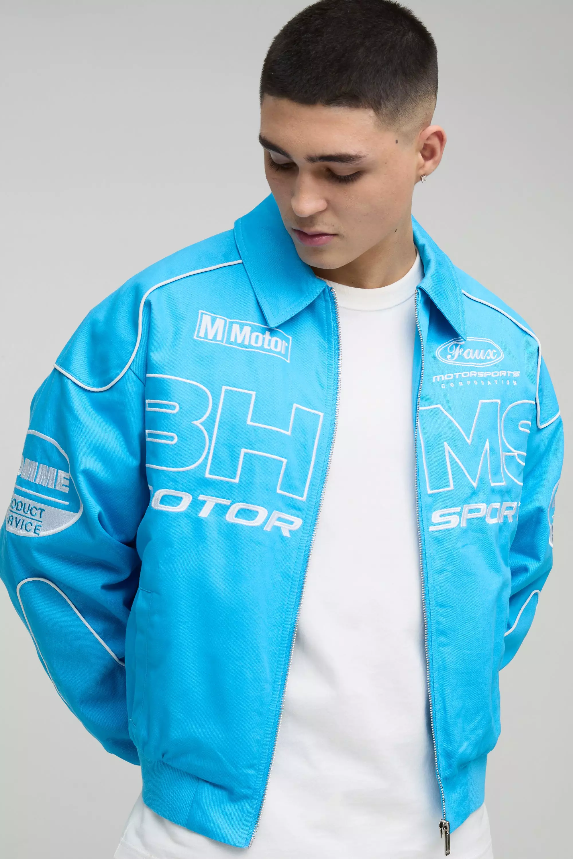 Blue Boxy Badge Twill Moto Jacket  alternative image