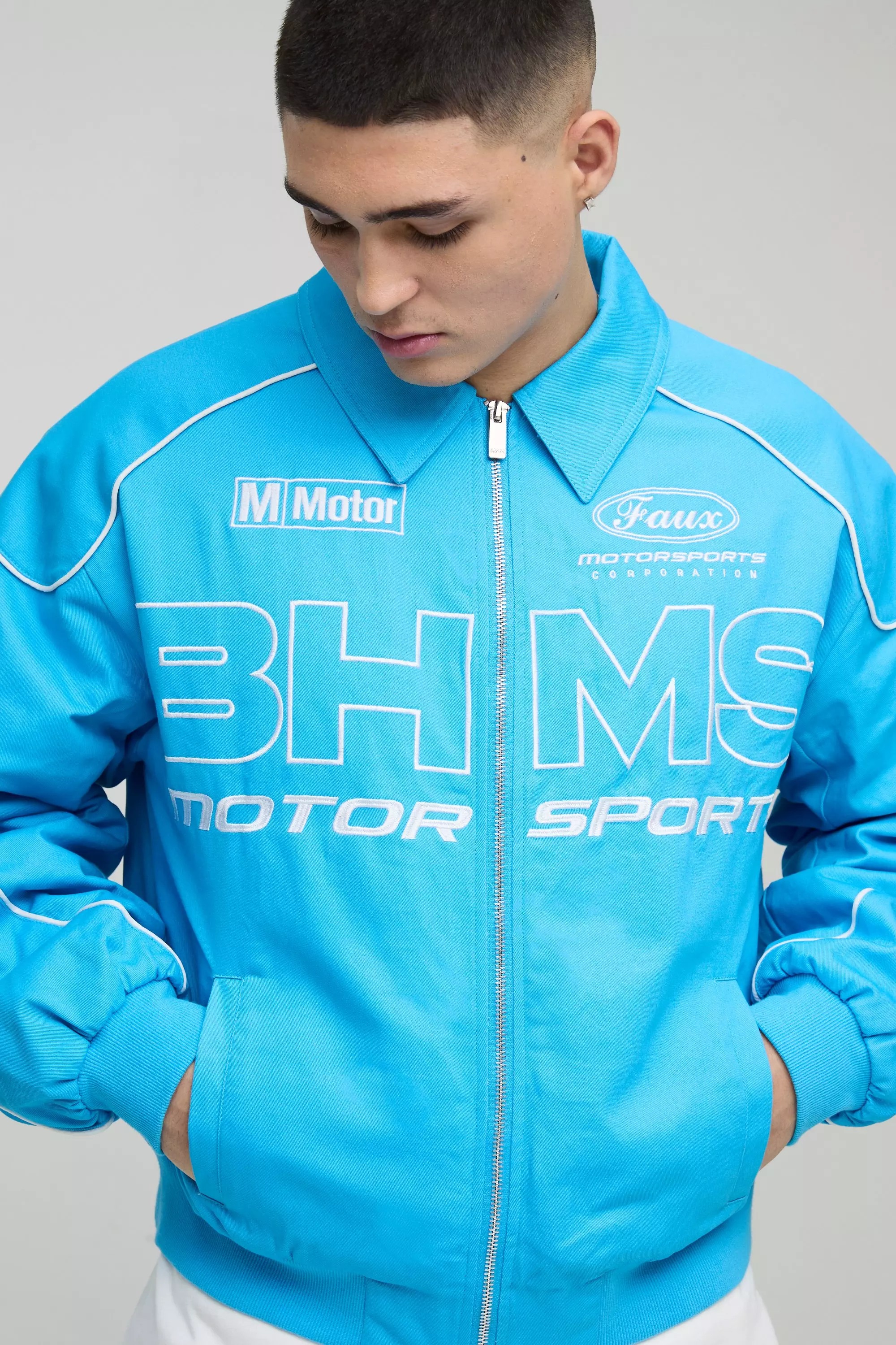Blue Boxy Badge Twill Moto Jacket  alternative image