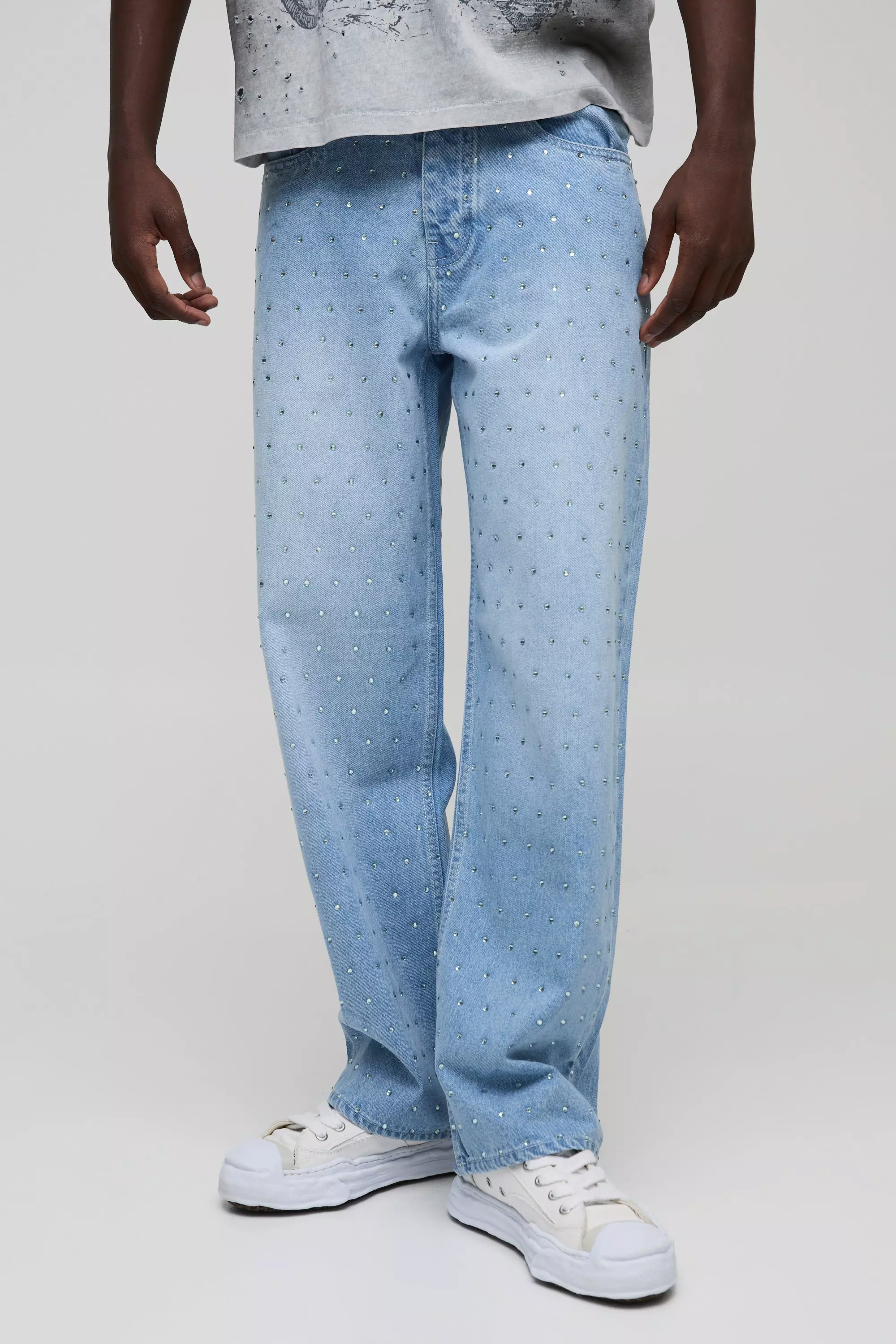 Light blue Versierde Baggy Jeans Met Steentjes alternatieve afbeelding