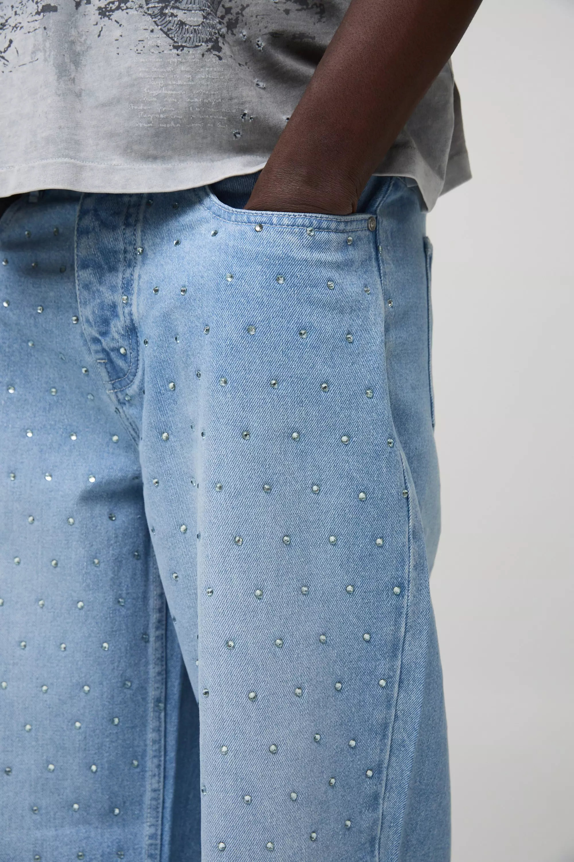 Light blue Versierde Baggy Jeans Met Steentjes alternatieve afbeelding