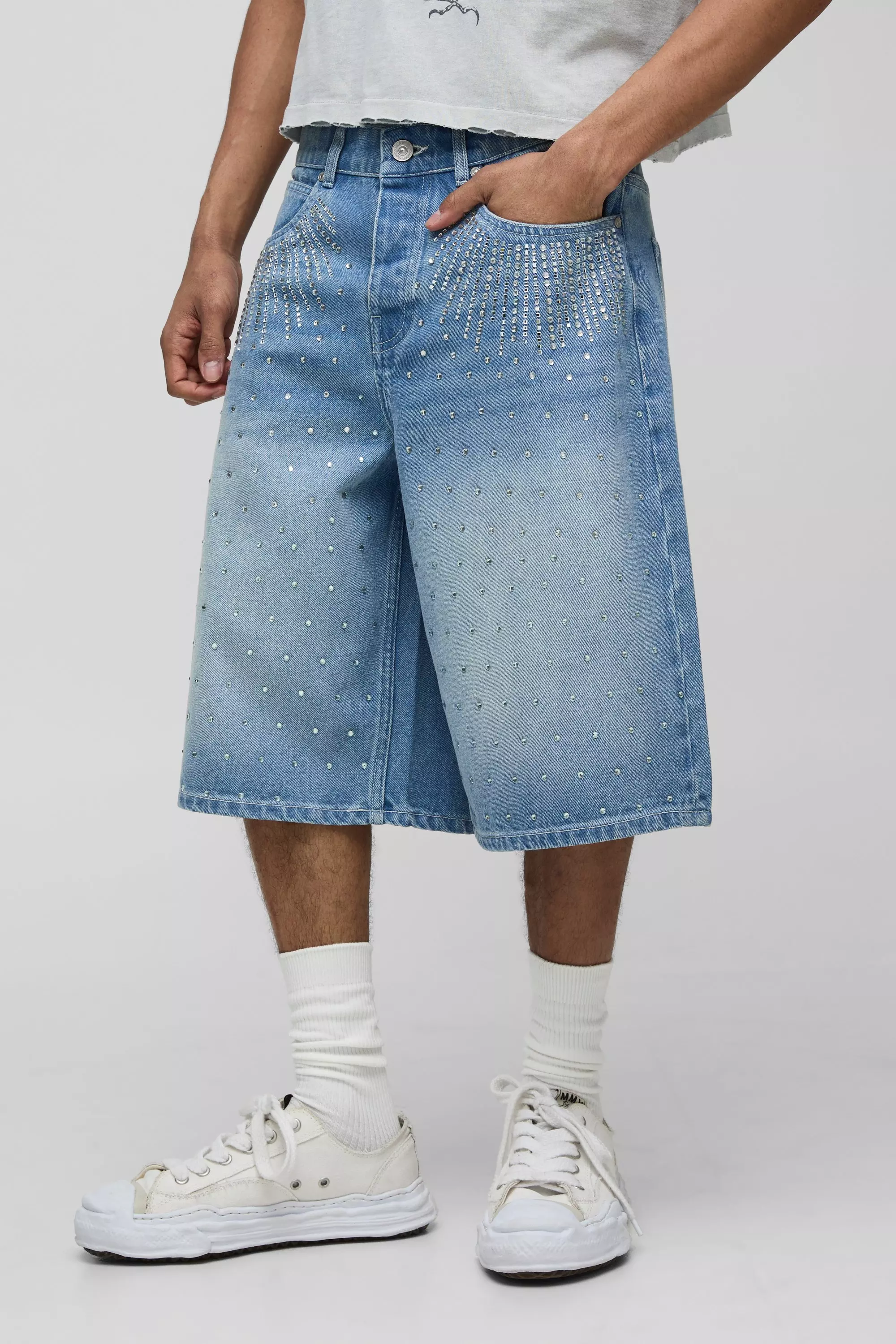 Light blue Regular All Over Embellished Jorts alternative image