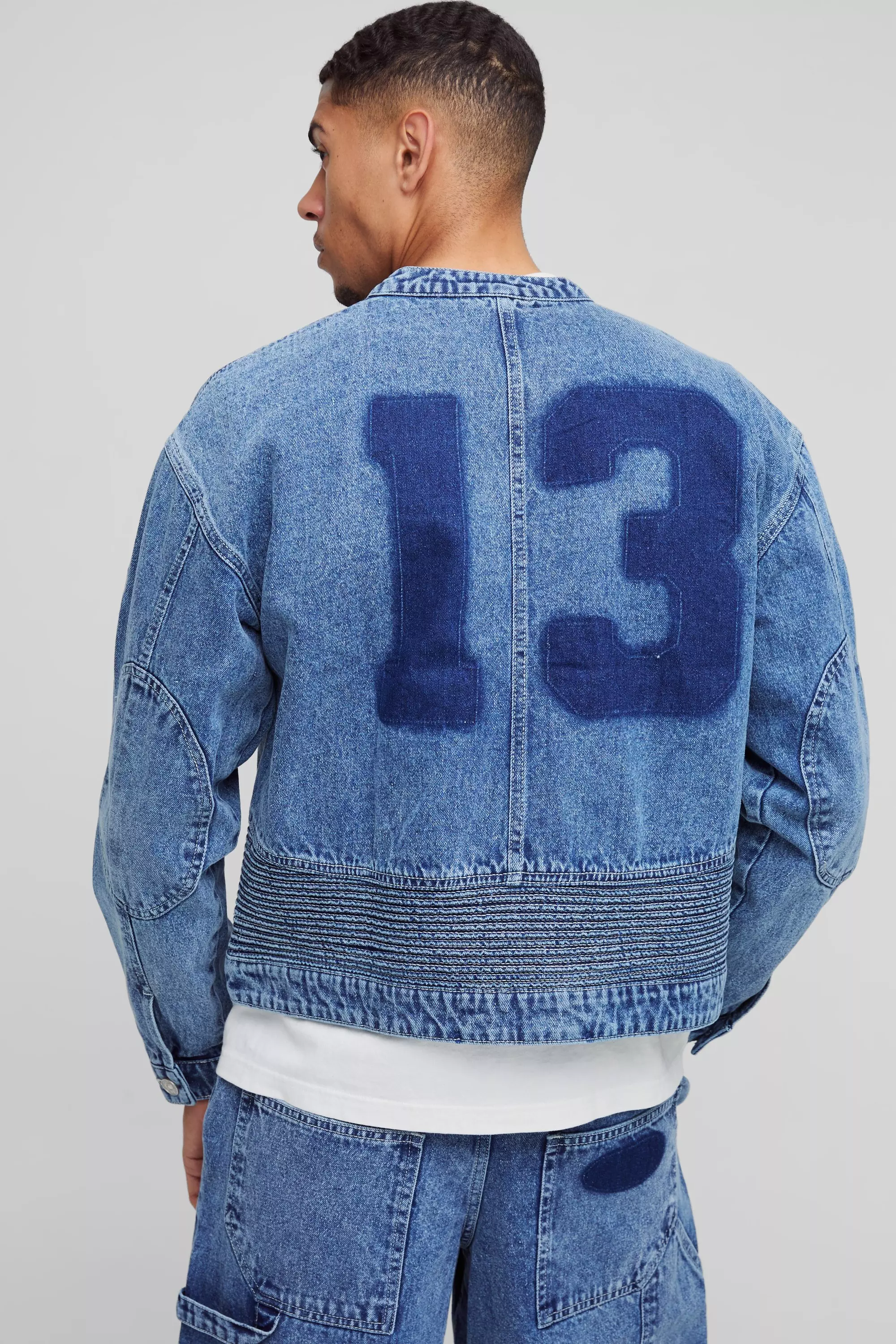 Light blue Denim Varsity Biker Jas Met Oogjes alternatieve afbeelding