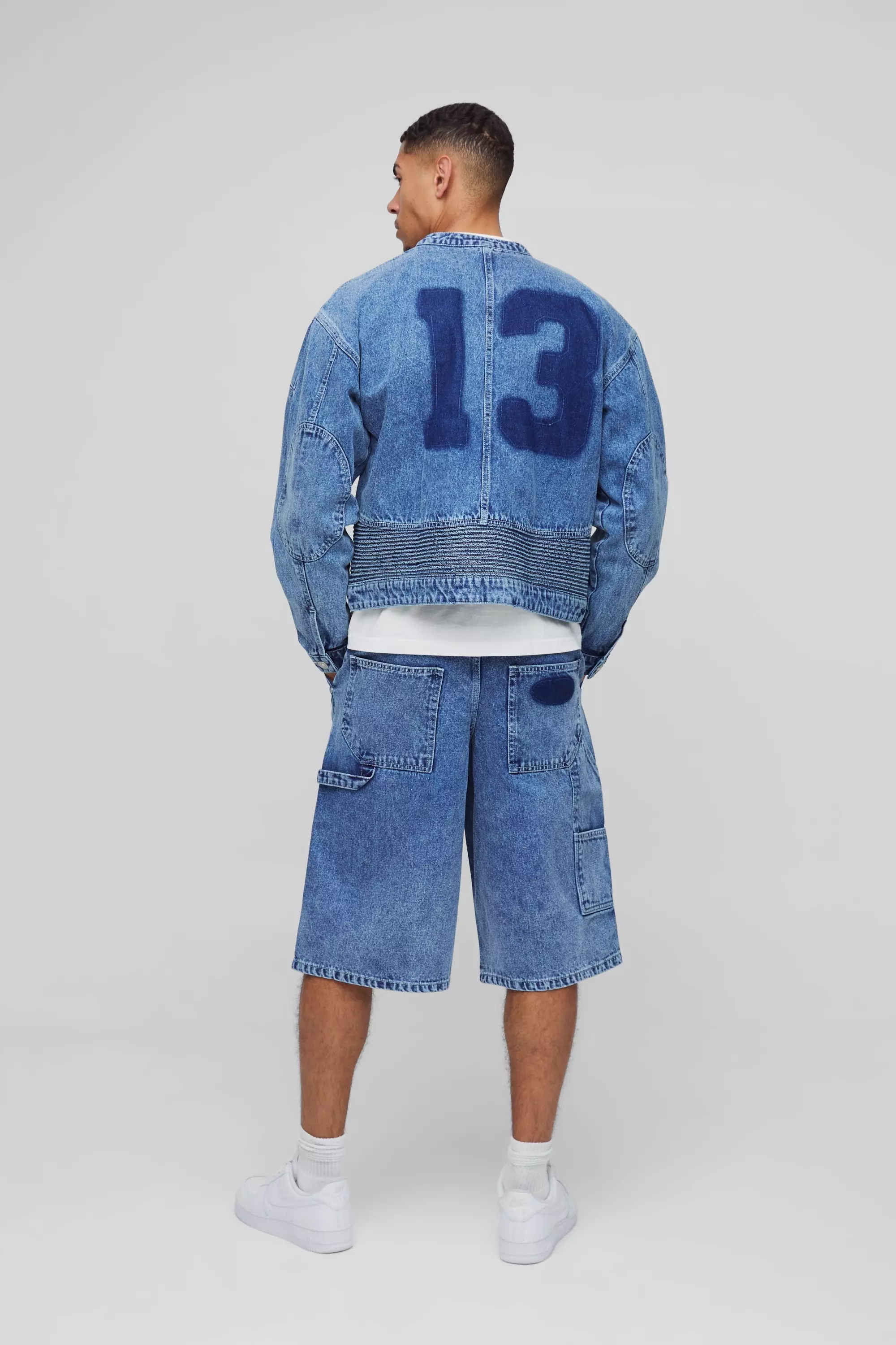 Light blue Denim Varsity Biker Jas Met Oogjes alternatieve afbeelding