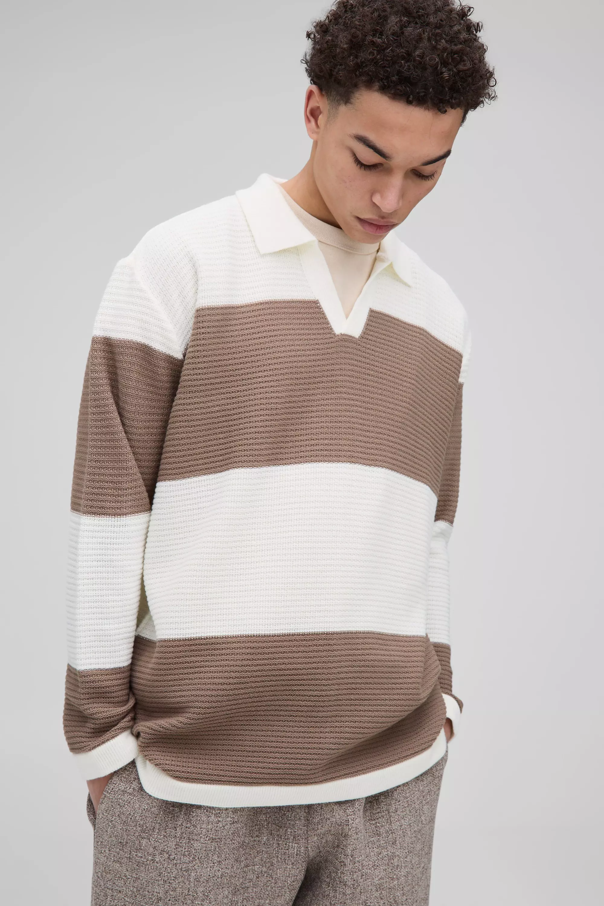 Geripptes Oversize Colorblock Poloshirt, Ecru alternatives Bild
