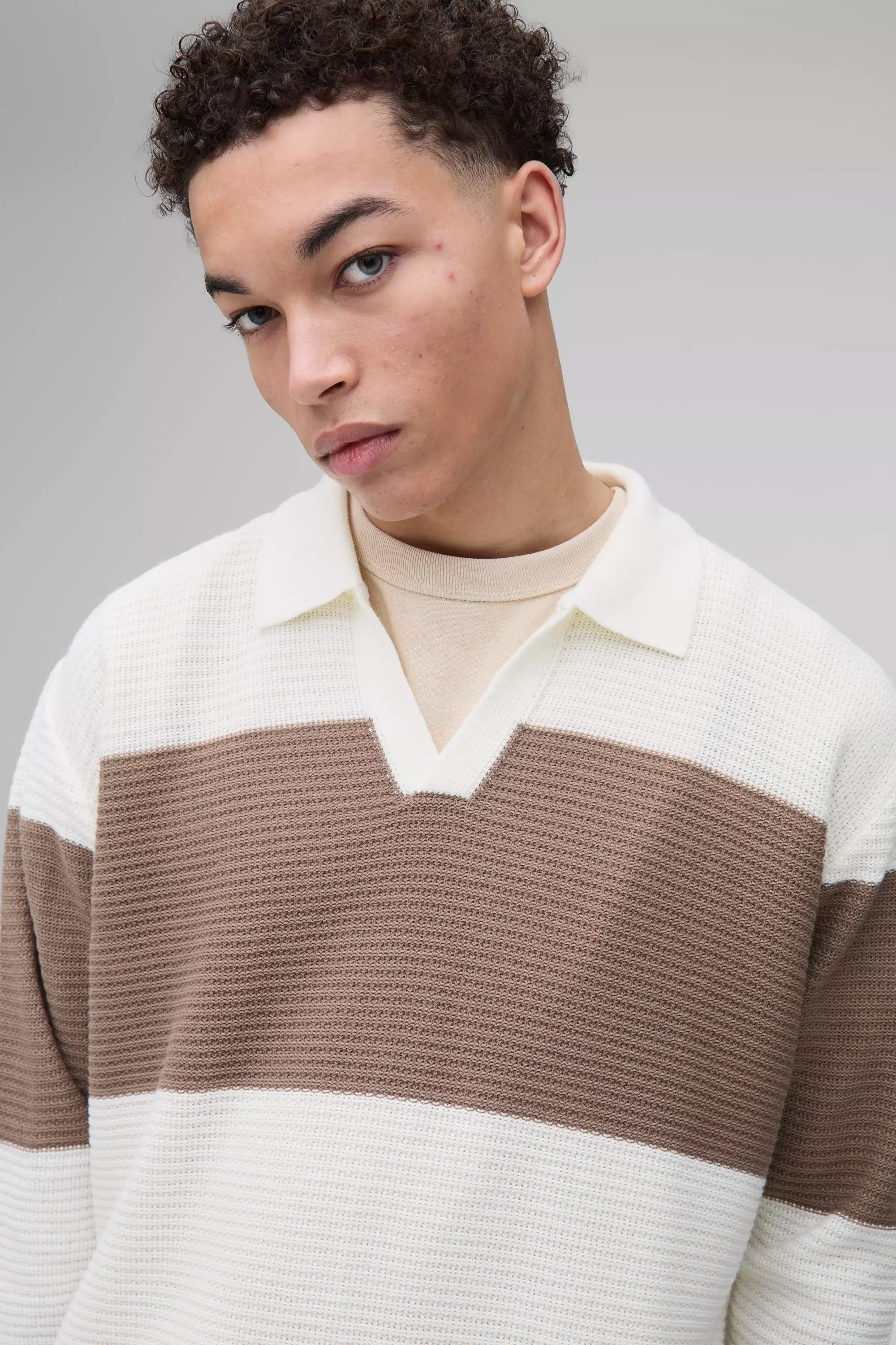 Geripptes Oversize Colorblock Poloshirt, Ecru alternatives Bild