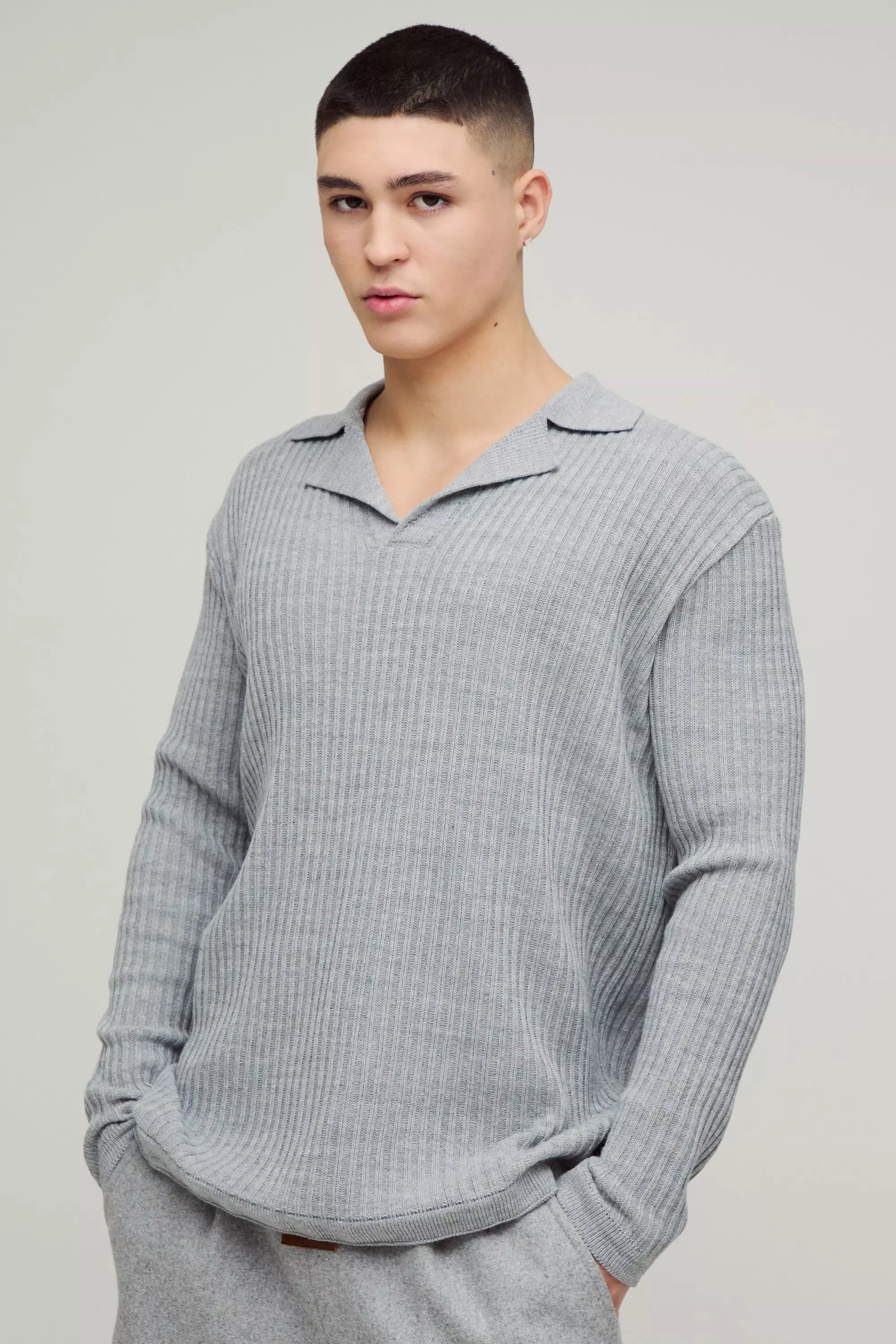 Grey Oversized Ribbed Revere Knitted Polo alternative image