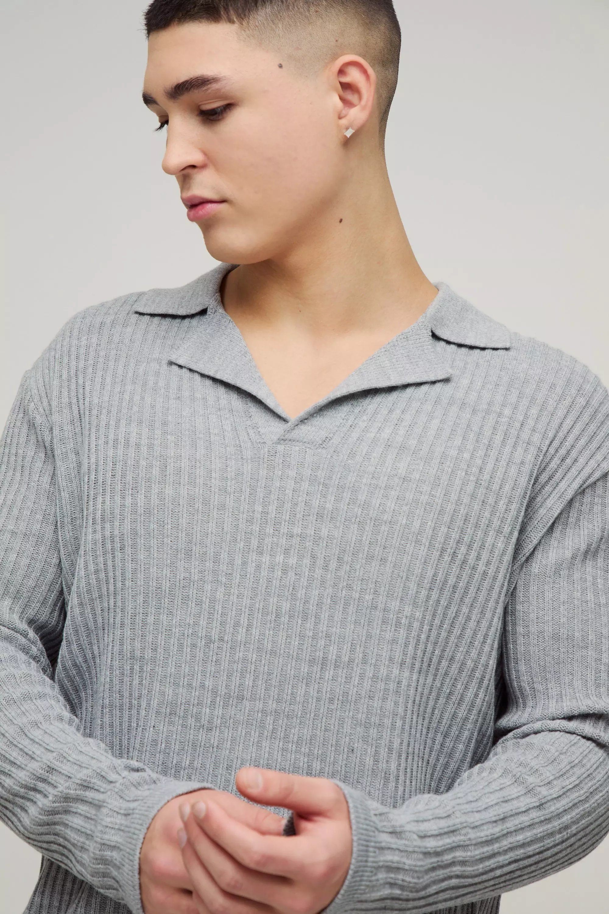 Grey Oversized Ribbed Revere Knitted Polo alternative image