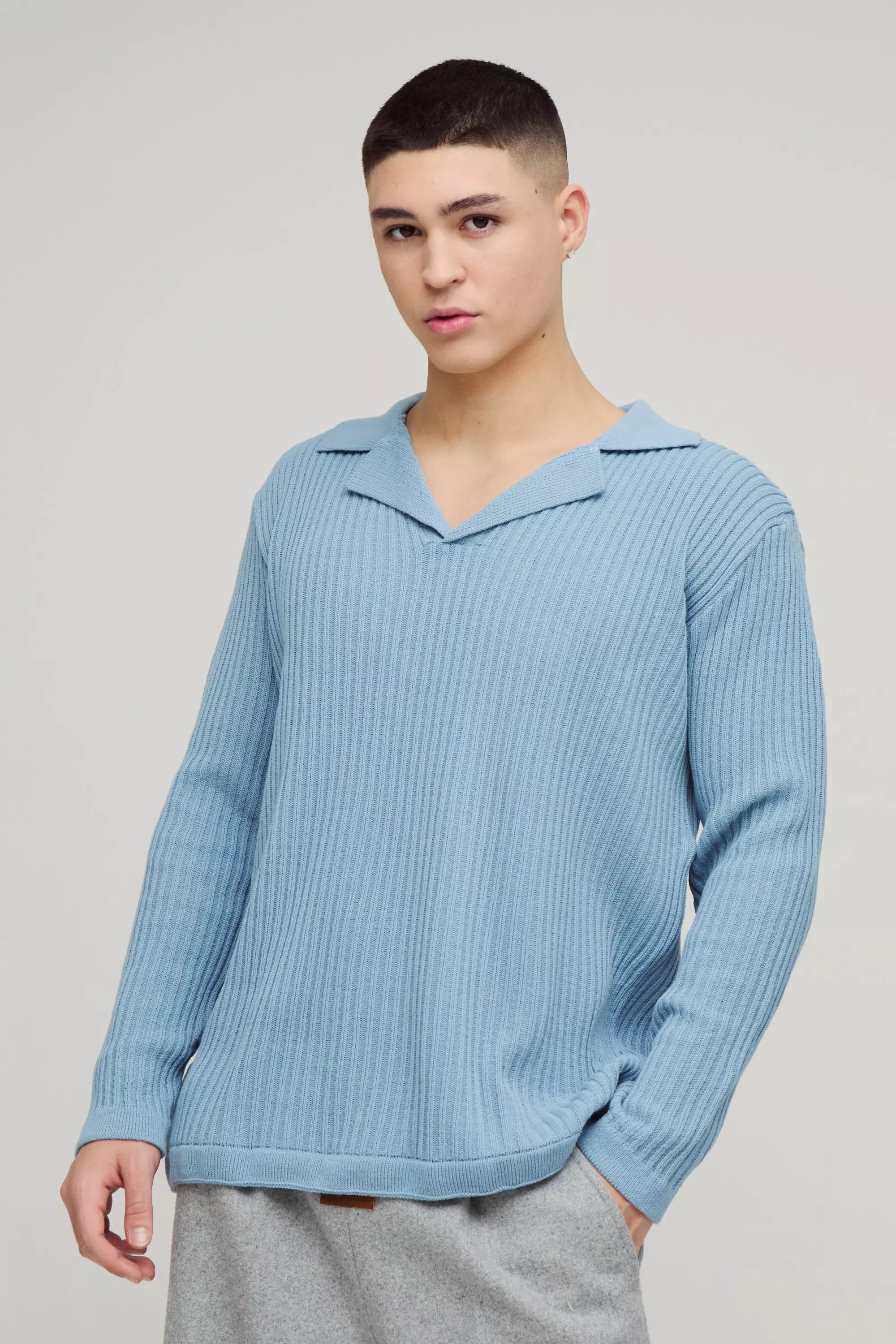 Light blue Oversized Ribbed Revere Knitted Polo alternative image