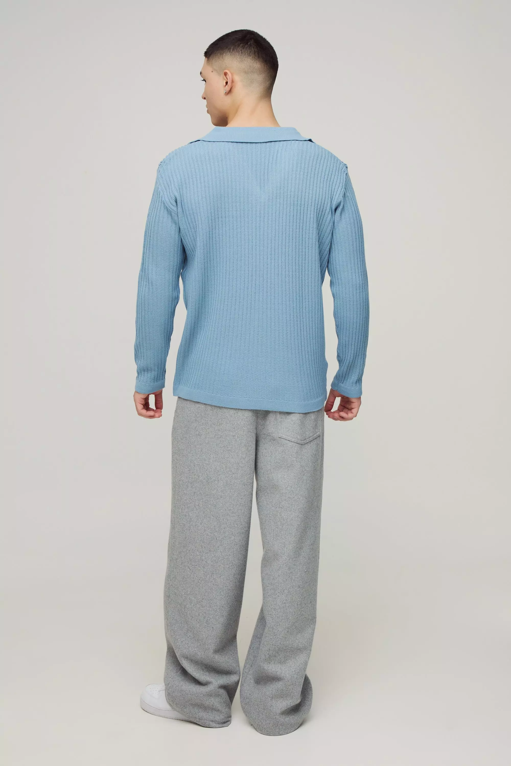 Light blue Oversized Ribbed Revere Knitted Polo alternative image
