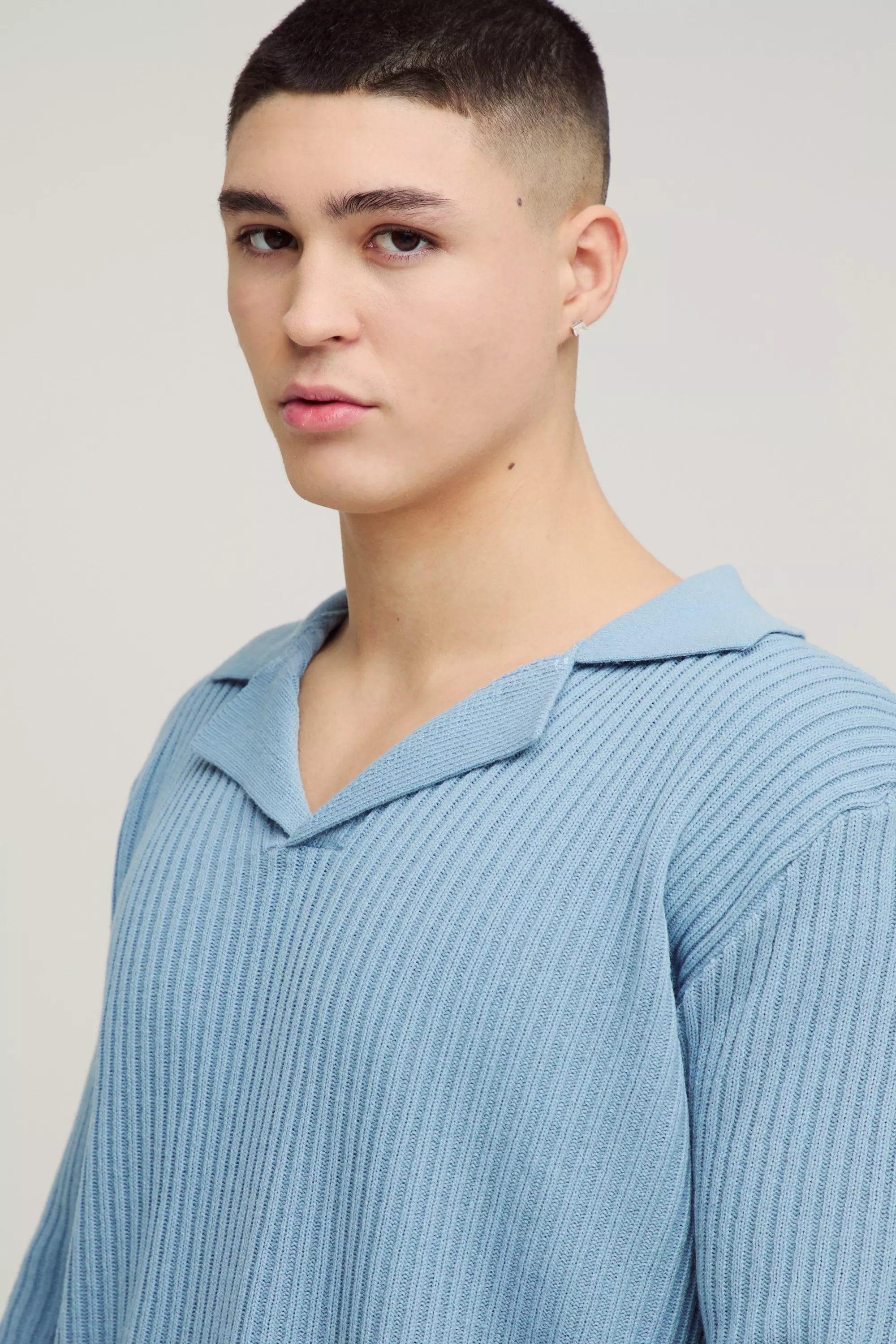 Light blue Oversized Ribbed Revere Knitted Polo alternative image