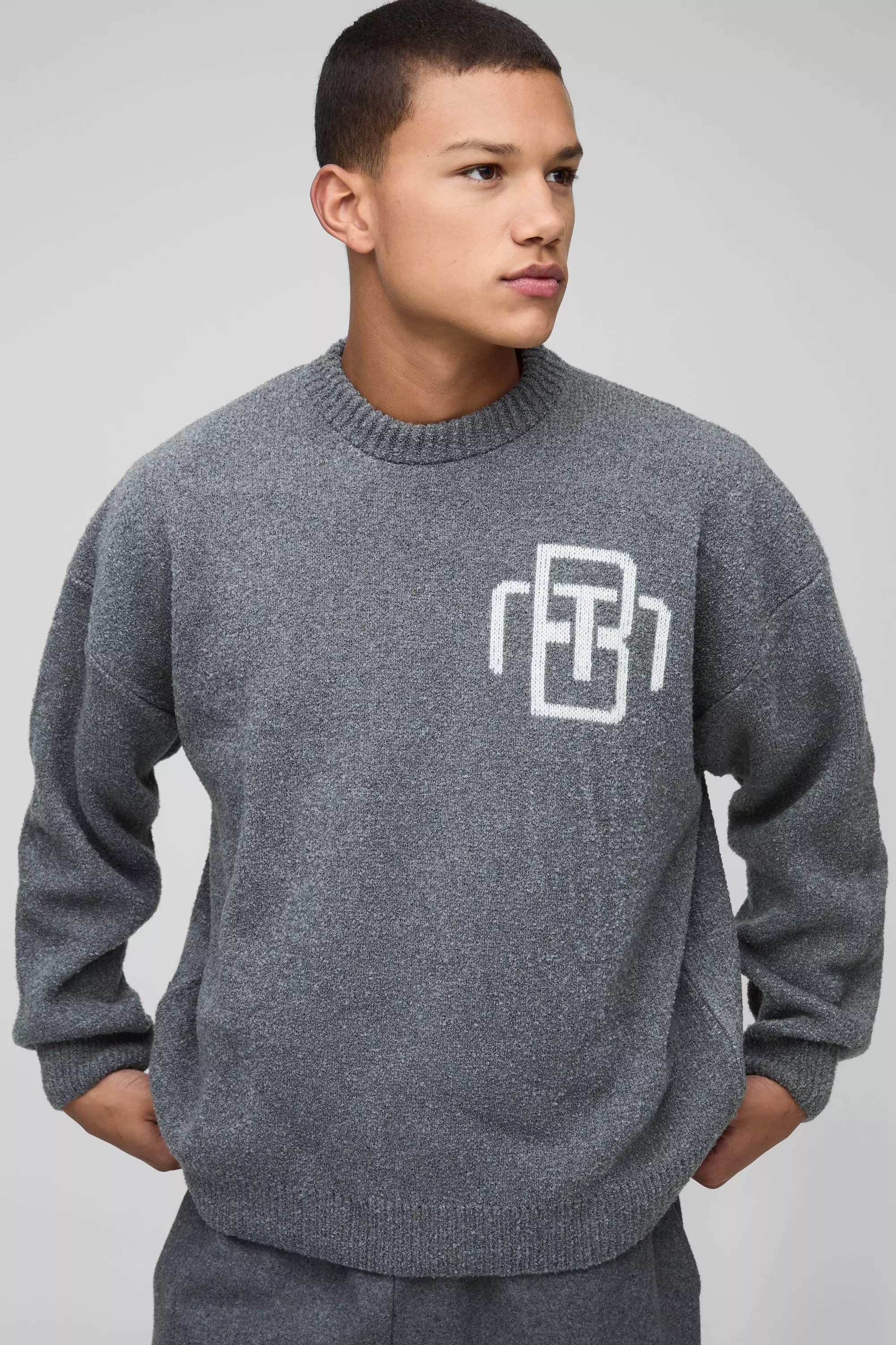 Grey Man Oversized Boucle Knitted Sweater alternative image