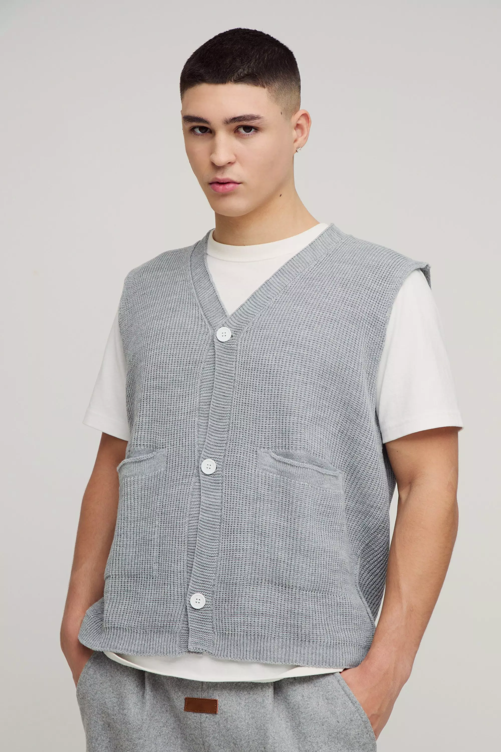 Boxy Ribbed Contrast Button Knitted Vest Grey