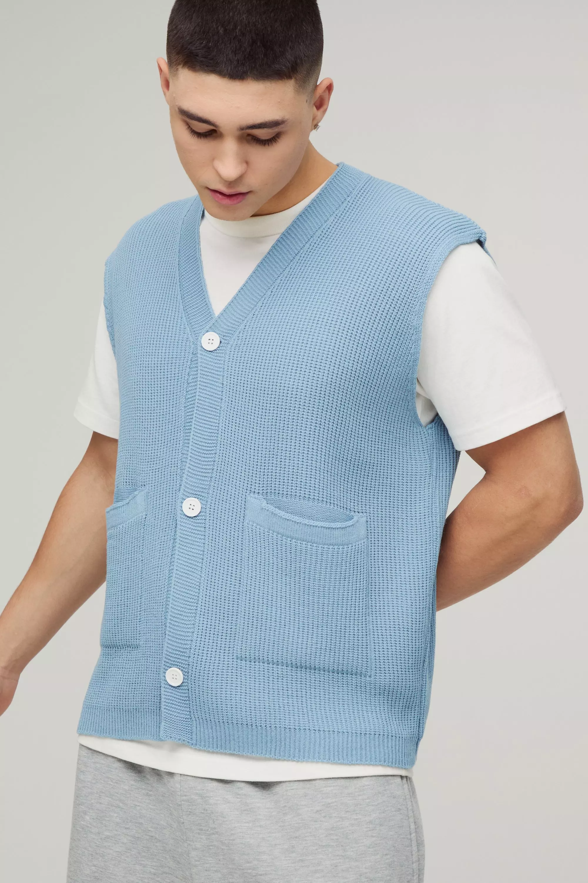 Boxy Ribbed Contrast Button Knitted Vest Light blue