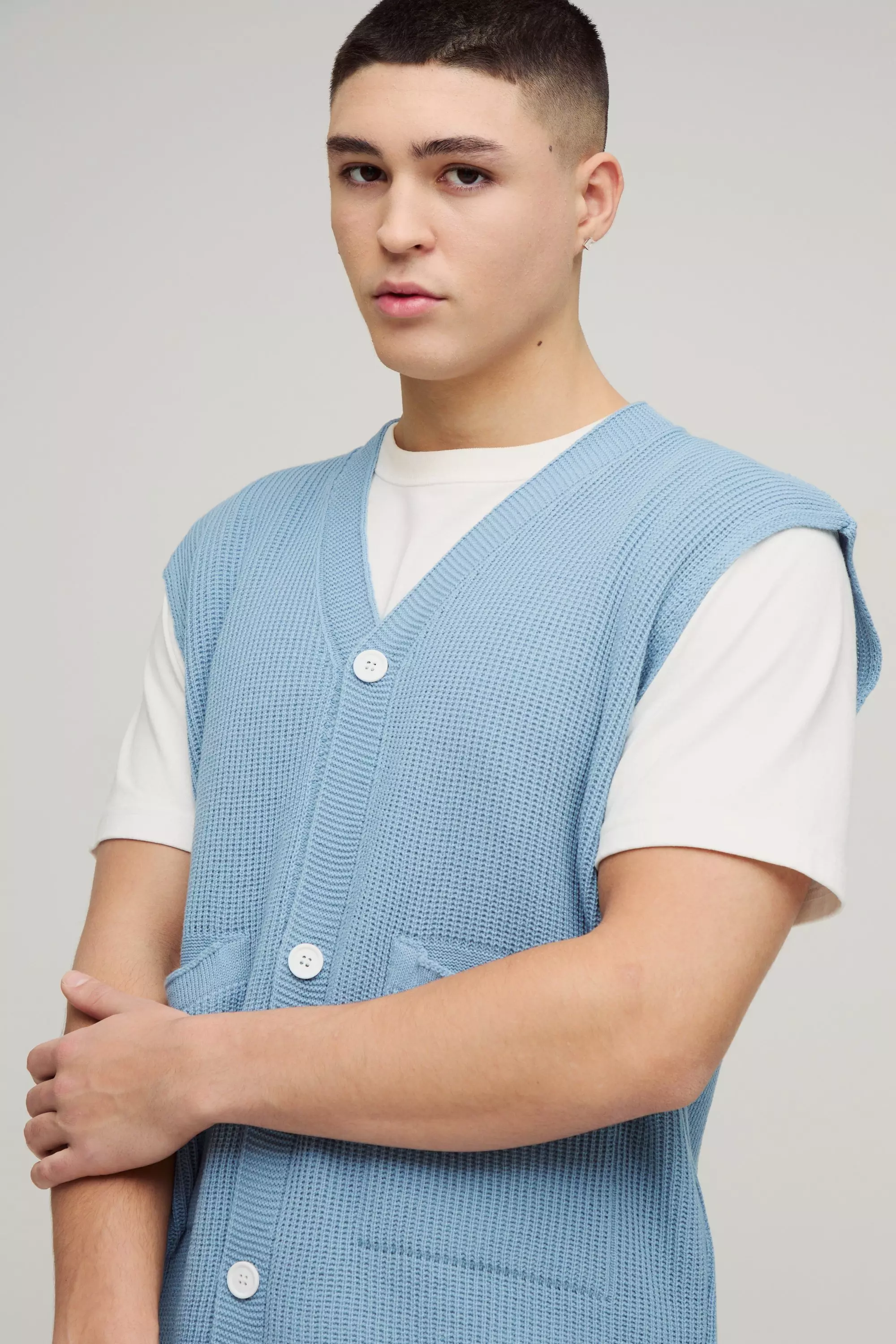 Light blue Boxy Ribbed Contrast Button Knitted Undershirt alternative image