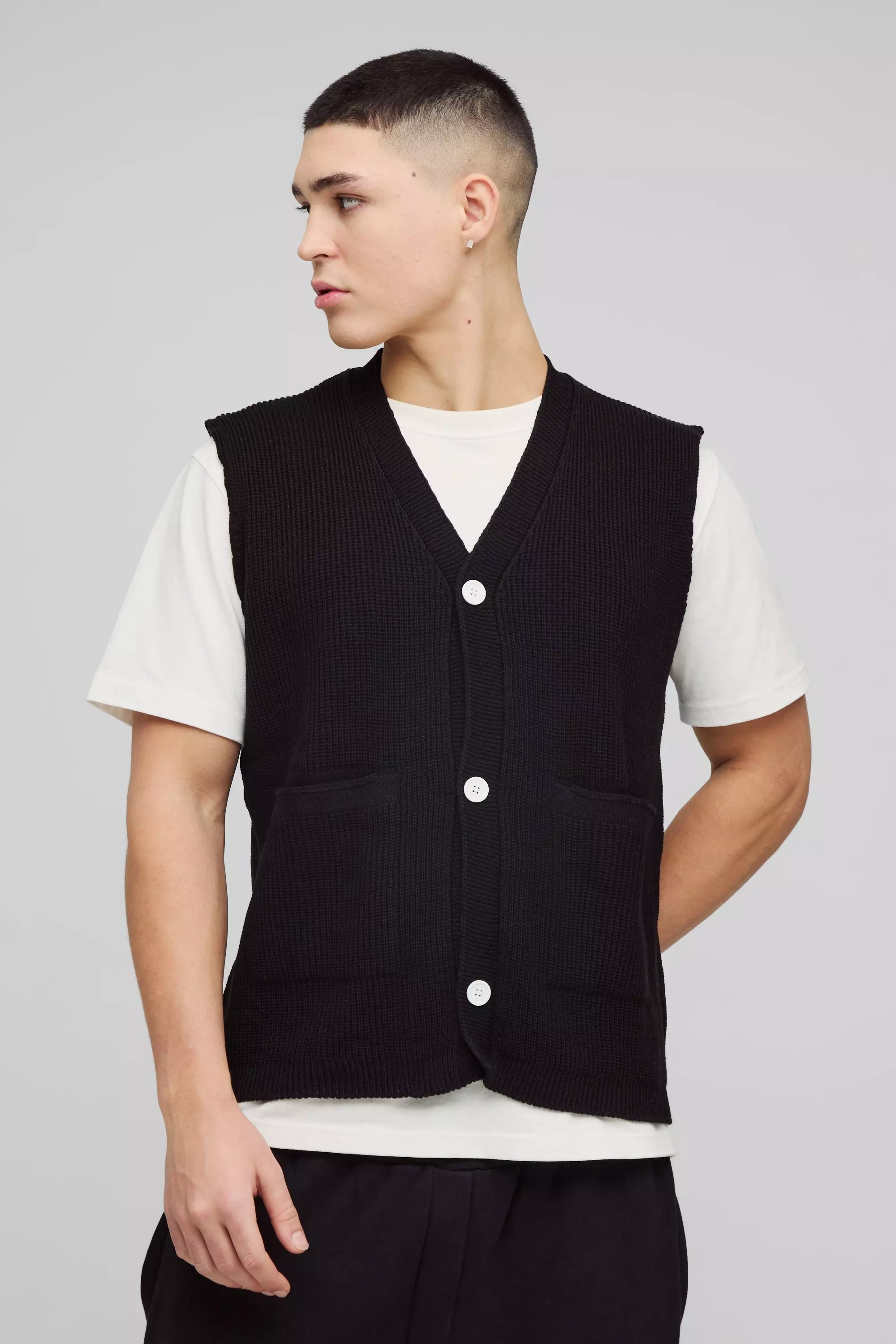 Boxy Ribbed Contrast Button Knitted Vest Black