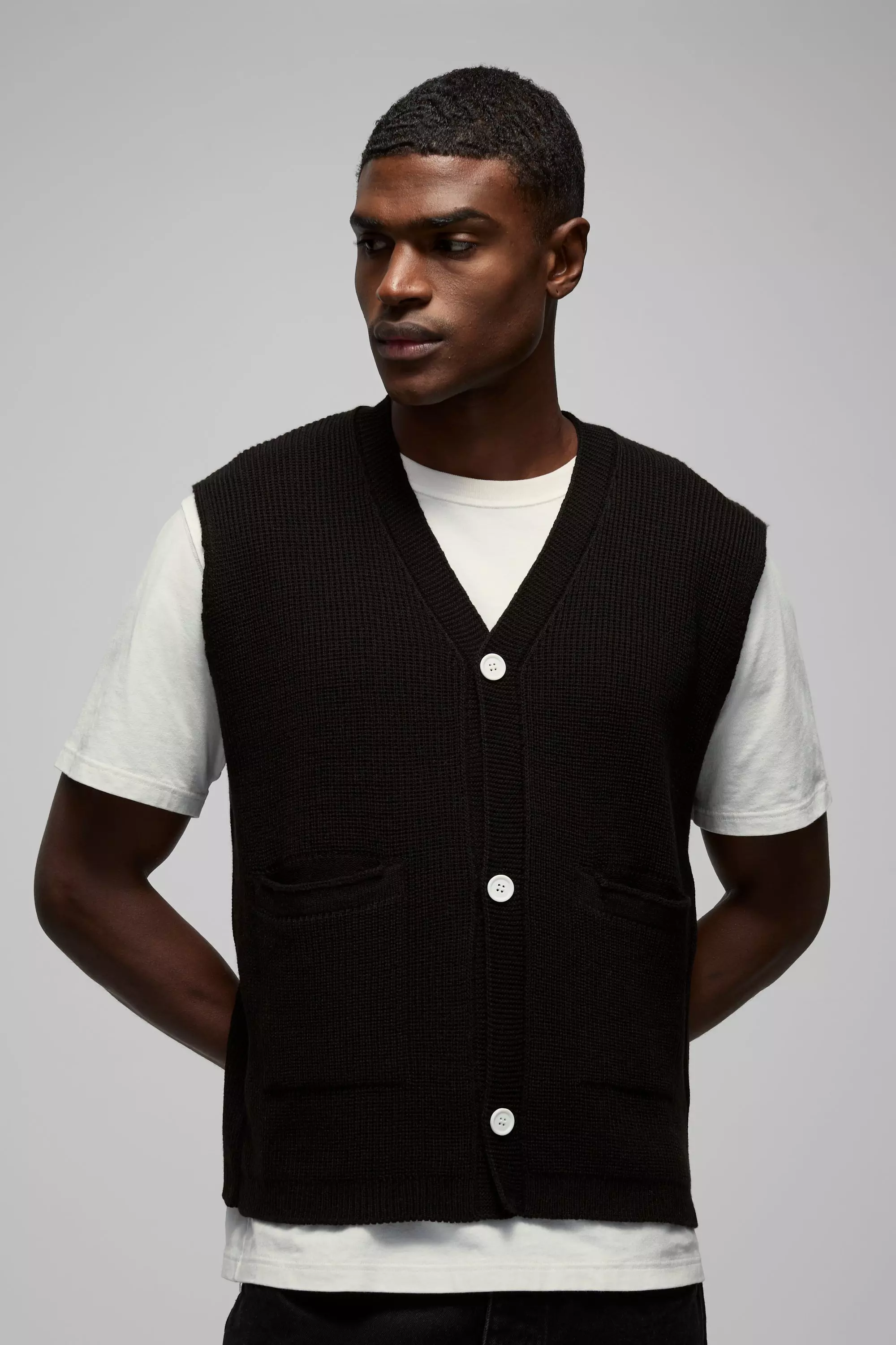 Black Boxy Ribbed Contrast Button Knitted Vest alternative image