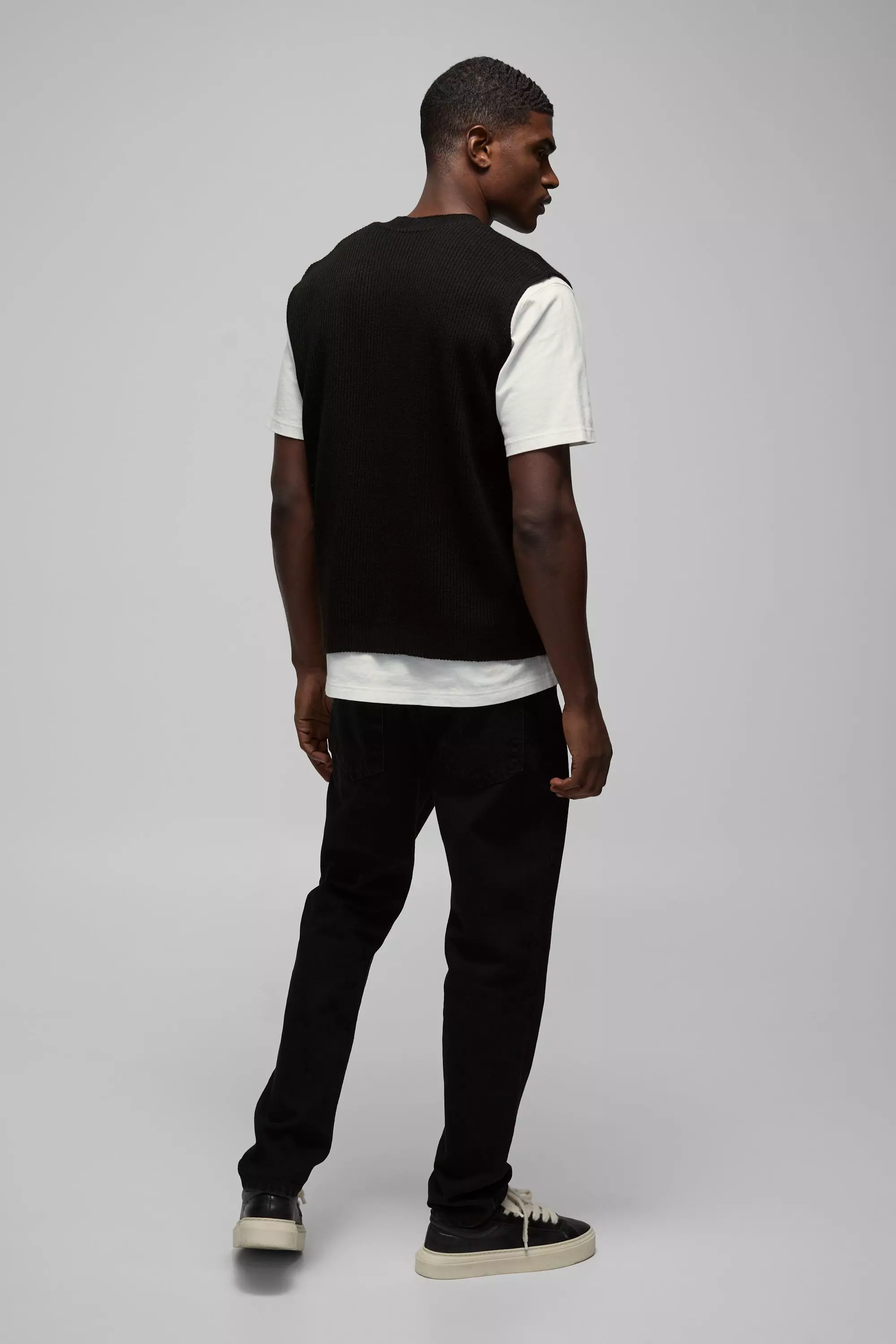 Black Boxy Ribbed Contrast Button Knitted Vest alternative image
