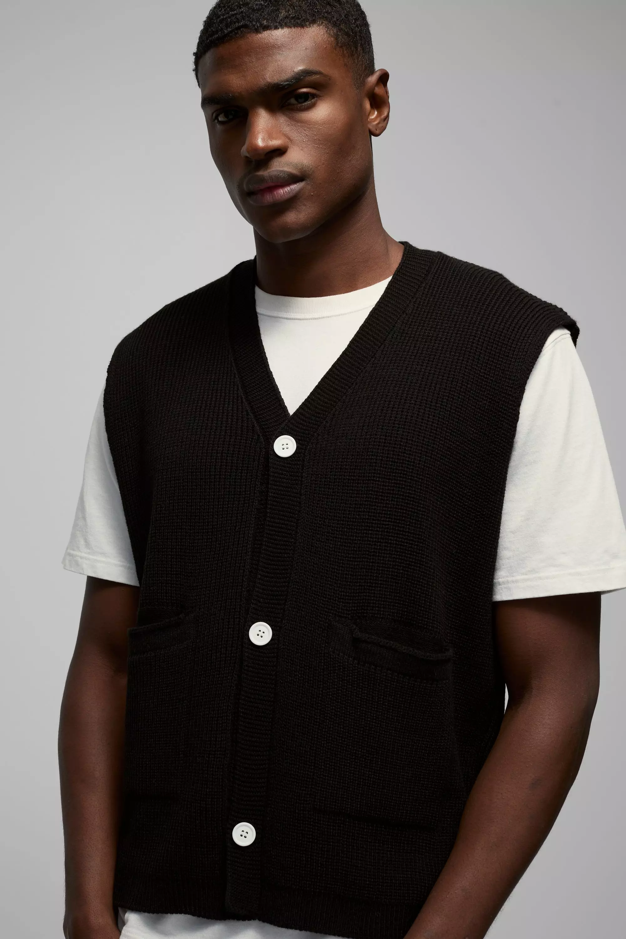 Black Boxy Ribbed Contrast Button Knitted Vest alternative image