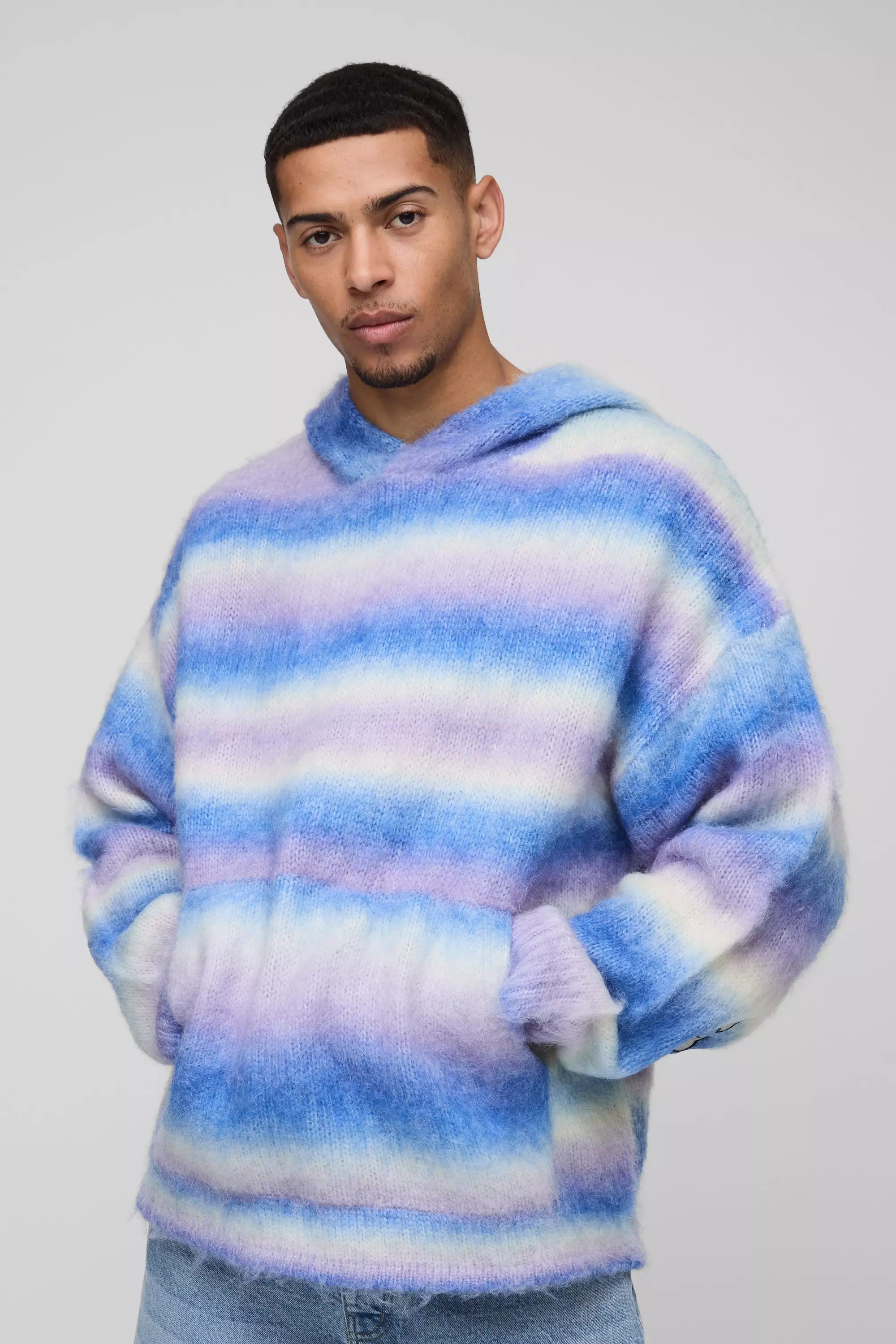 Oversized Boxy Fit Ombre Stripe Brushed Knit Cross Hoodie Lilac