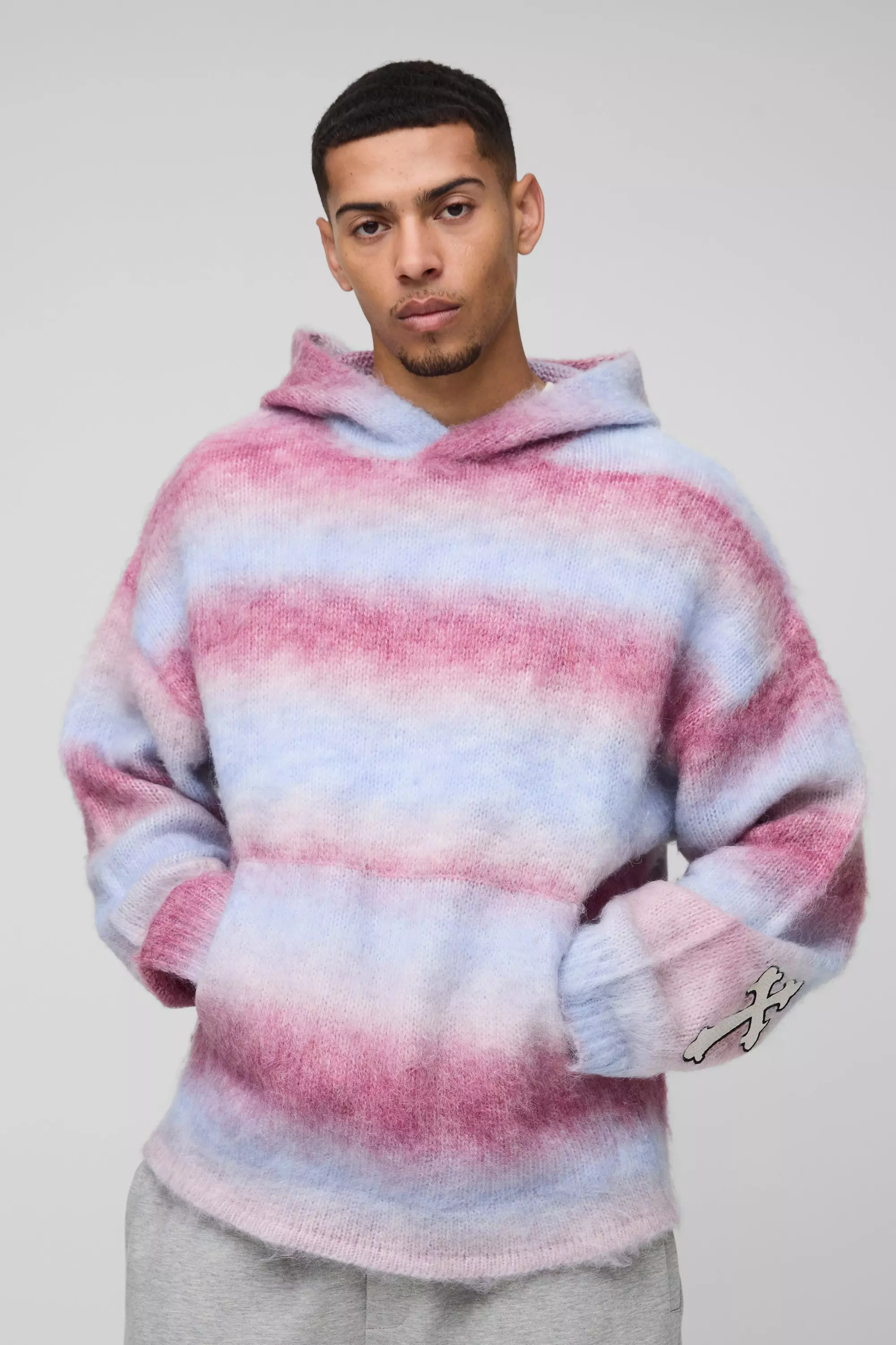 Pink Boxy Fit Ombre Stripe Brushed Knit Cross Hoodie