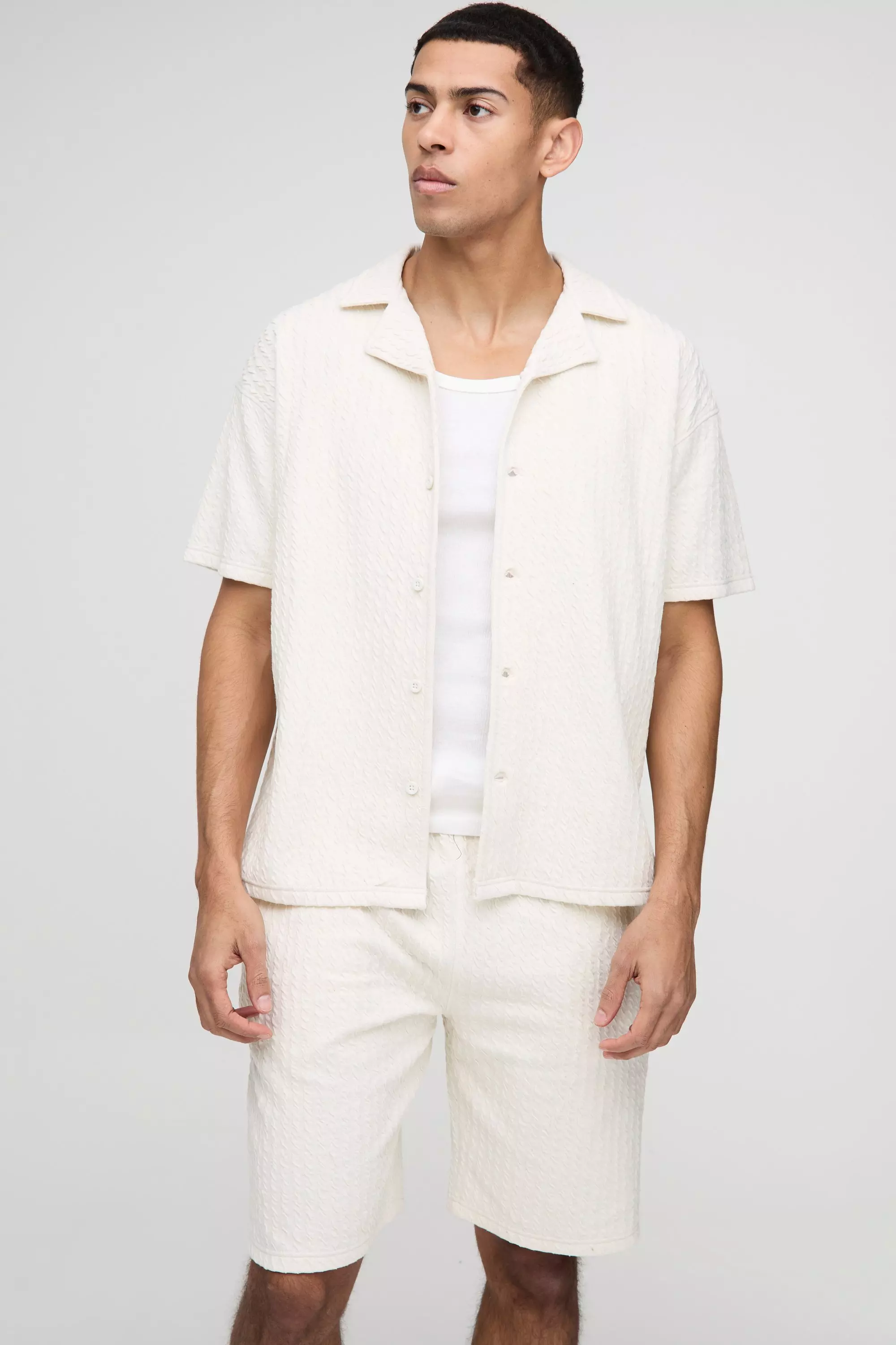 Textured Stripe Jacquard Shirt & Short Set | boohooMAN USA