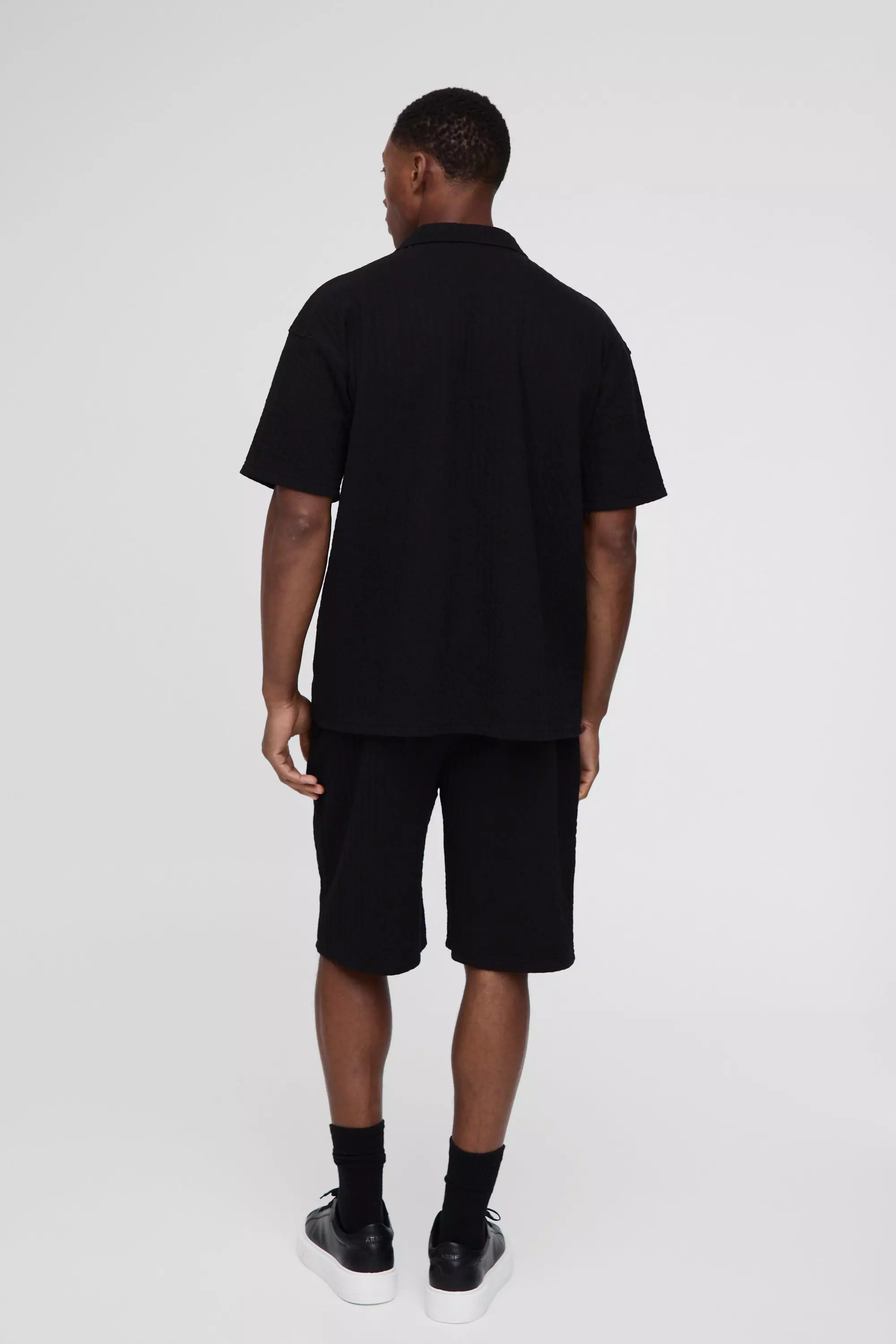 Black Textured Stripe Jacquard Shirt & Short Set alternative image
