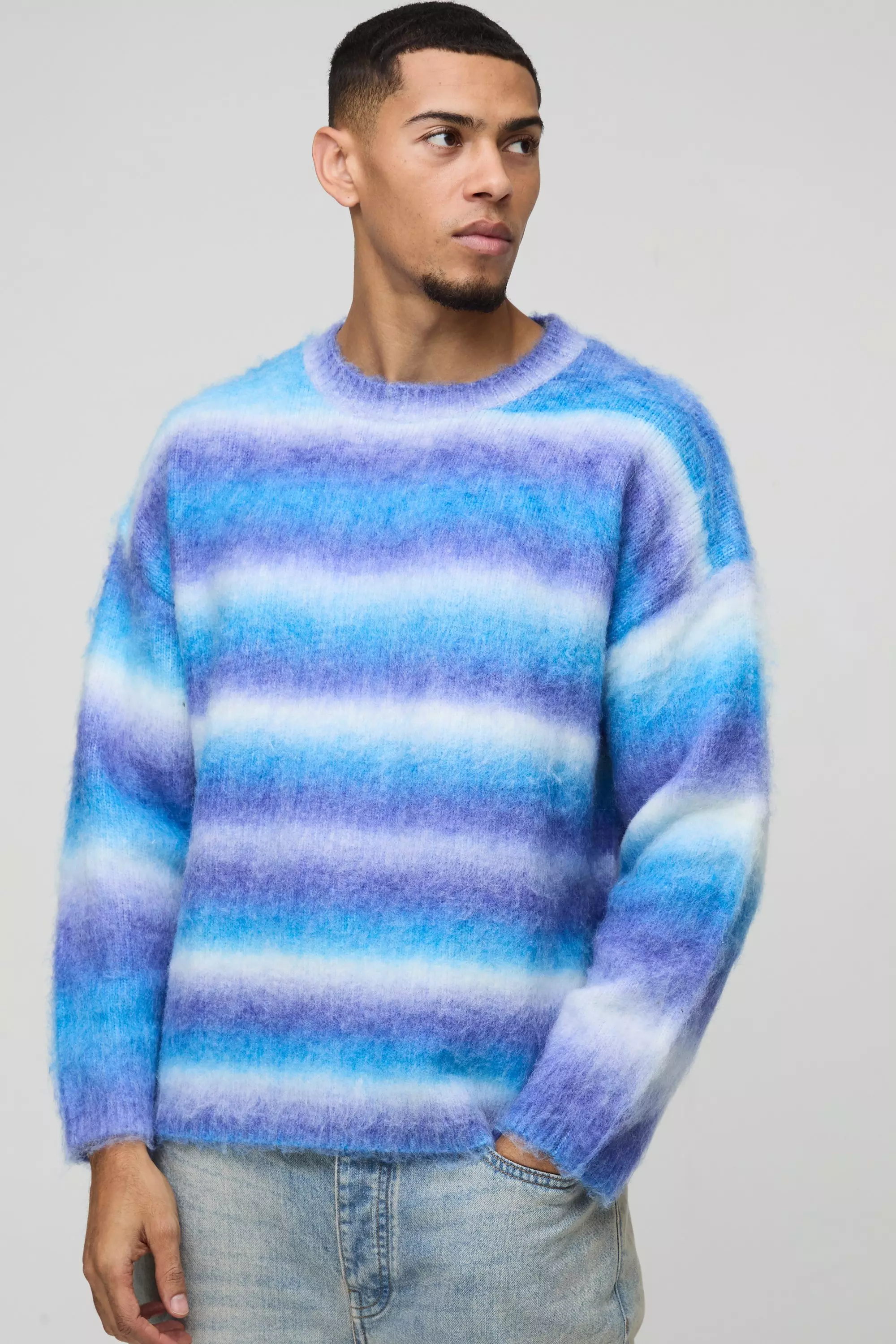 Oversized Boxy Brushed Stripe Knitted Jumper Blue