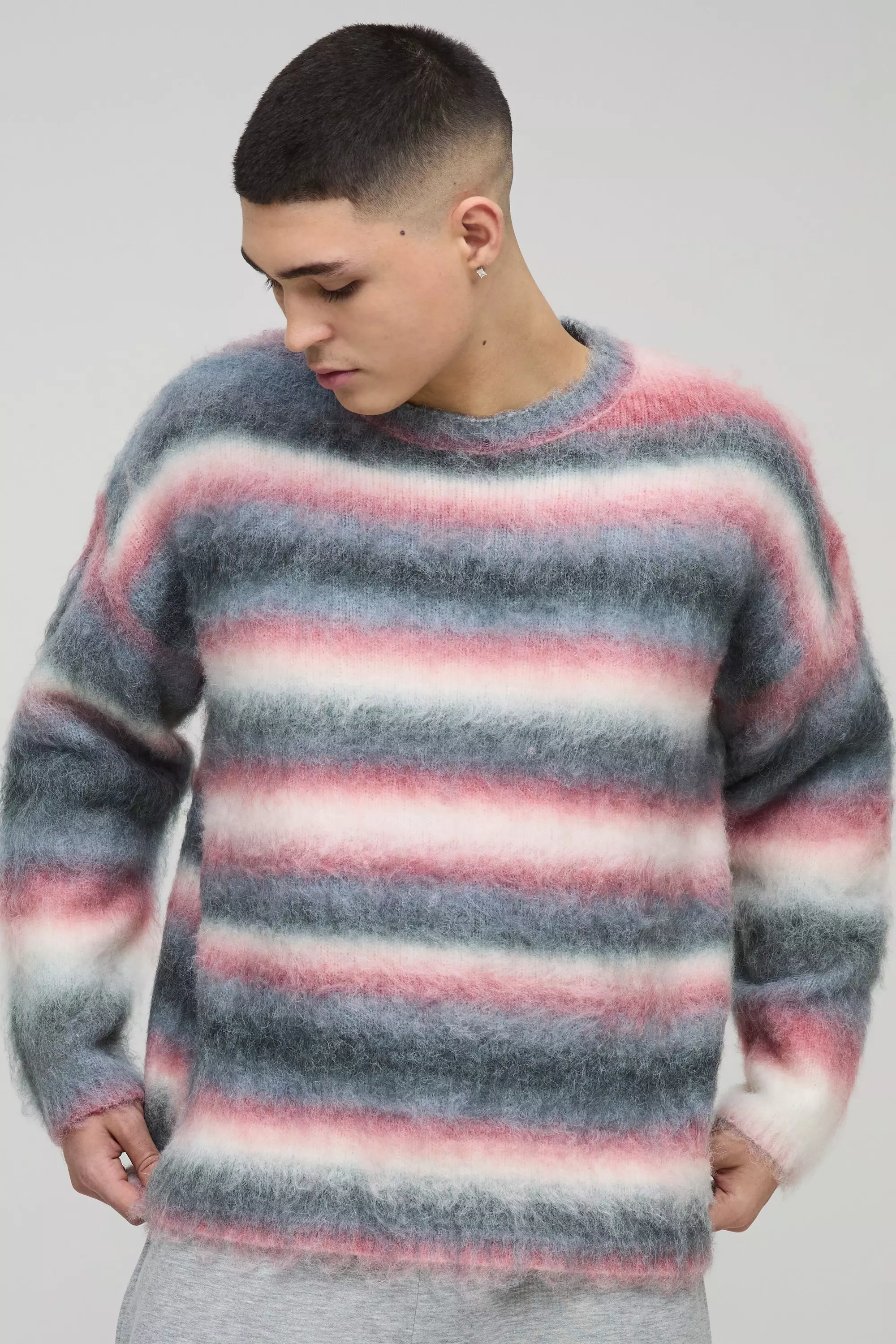 Oversized Boxy Brushed Stripe Knitted Jumper Purple