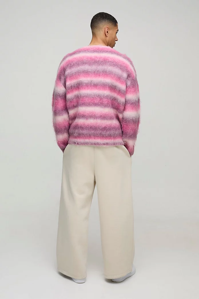 Oversized Dropped Shoulder Brushed Stripe Knitted Cardigan Oversized Dropped Shoulder Brushed Stripe Knitted Cardigan