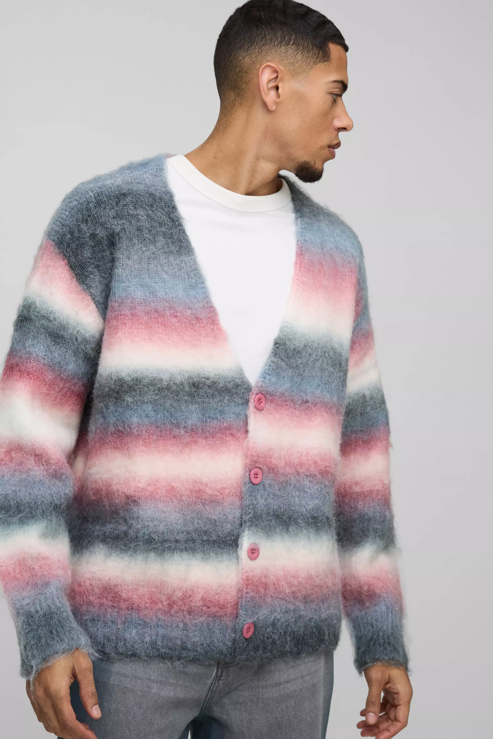 Oversized Dropped Shoulder Brushed Stripe Knitted Cardigan Purple